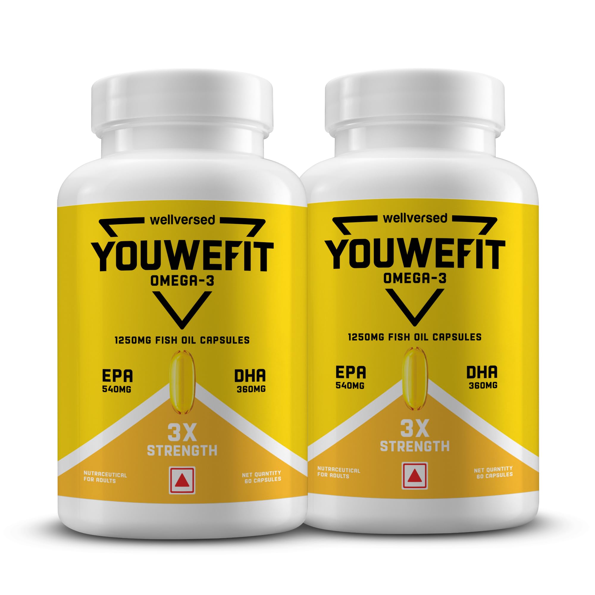 YouWeFit Triple Strength Omega 3 Fish Oil Capsules (60 Soft Gels, Pack of 2) With 540mg EPA & 360mg DHA To Supports Heart & Joint Health | Omega 3 Supplement 1250mg
