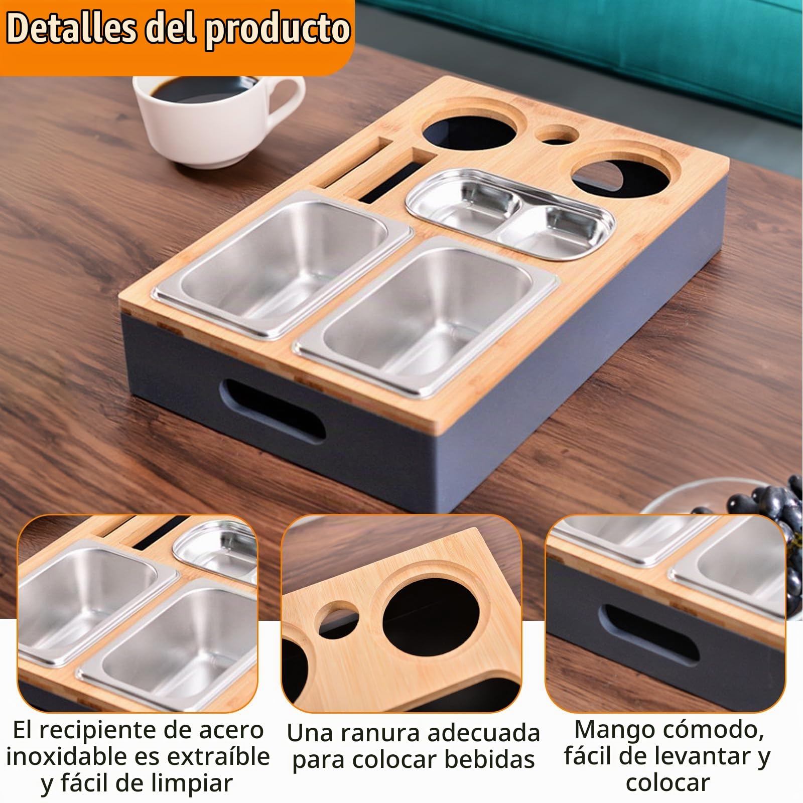 Bandeja Sofá con Cuencos Aperitivos Acero Inoxidable & Tapa Extraíble, Tazones Refrigerios Bambú con 2 Soporte Botellas, Caja Refrigerios para Sala Estar,Picnic,Fiesta,Salón,Dormitorio,Jardín,Camping