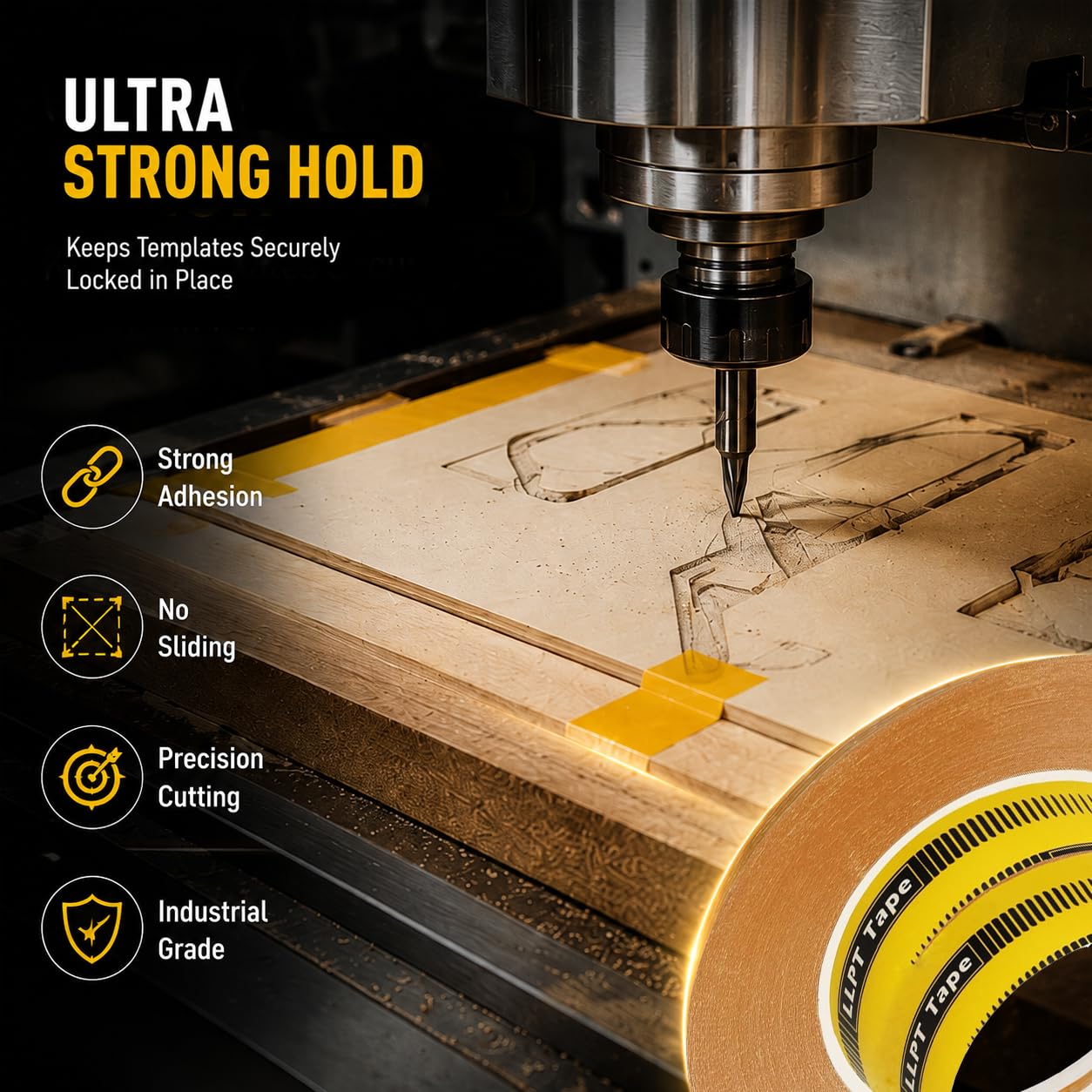 LLPT Cinta Doble Cara Carpintería CNC 100MM x 33M | Extraíble, Sin Residuos, Fuerte Adhesión, Cinta CNC