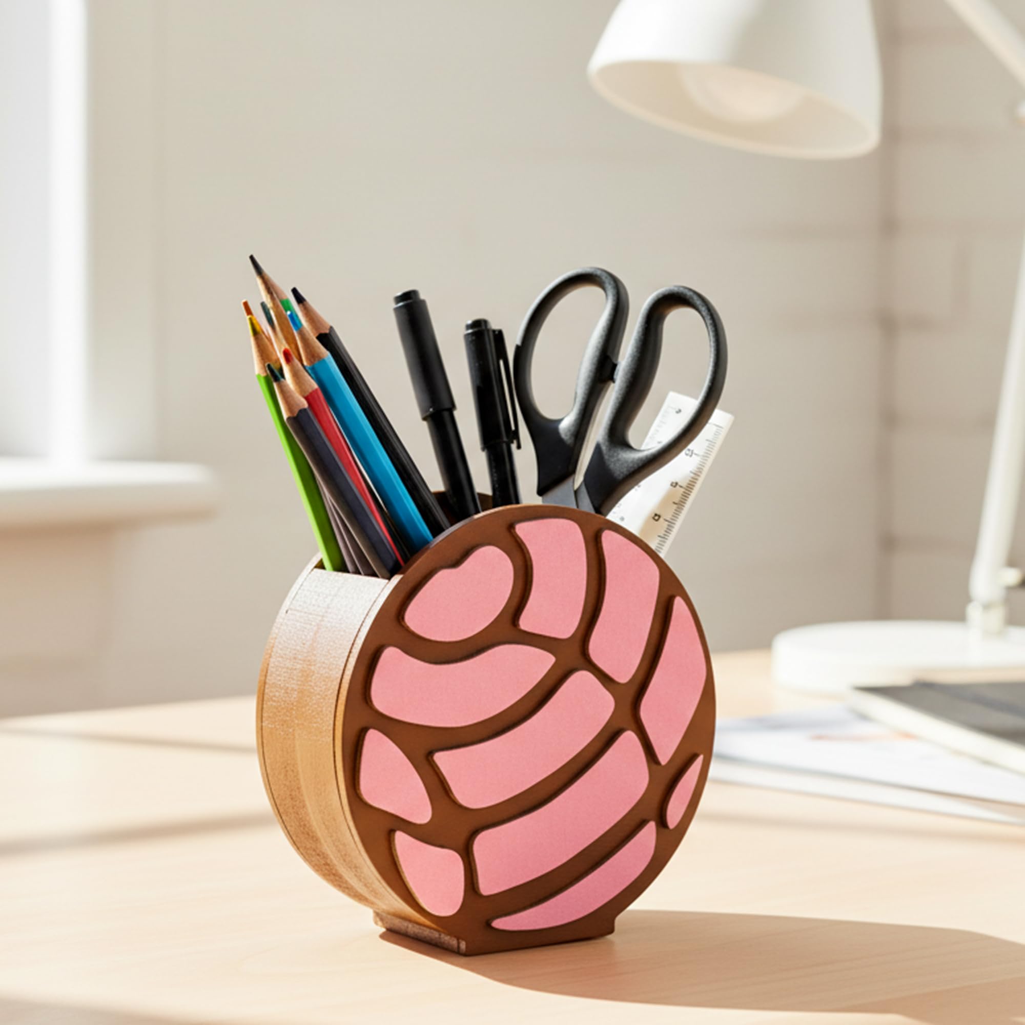 MALLMALL6 Mexico Concha Pencil Holder - 3D Mexican Bread Pink Wooden Pen Holder, Back to School Funny Caddy Case Gift for Kids, Desktop Storage Organizer for Classroom Teacher Office