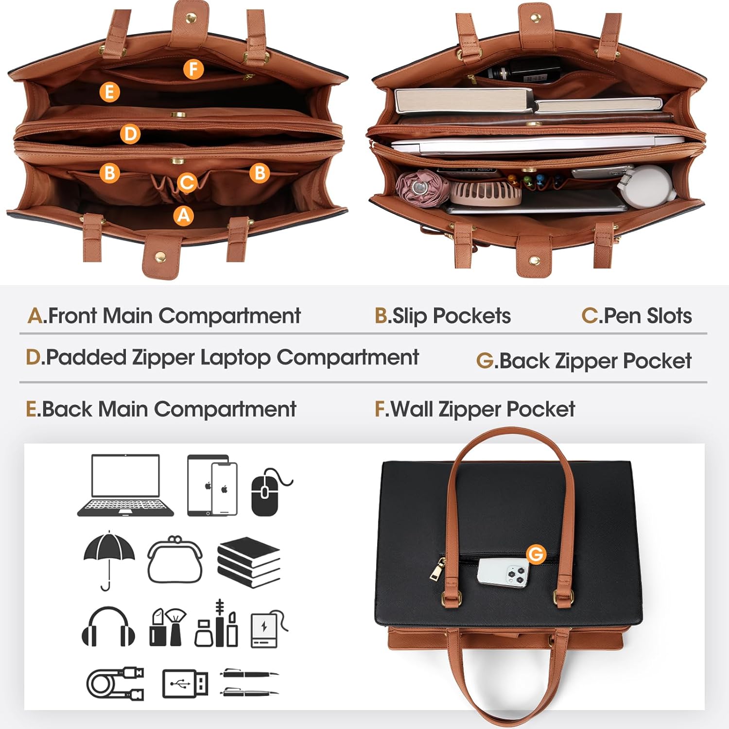 Laptop Bag for Women 15.6 inch Laptop Tote Bag Waterproof Leather Computer Bag Large Lightweight Briefcase Professional Business Office Work Bag, Black Brown - Image 3