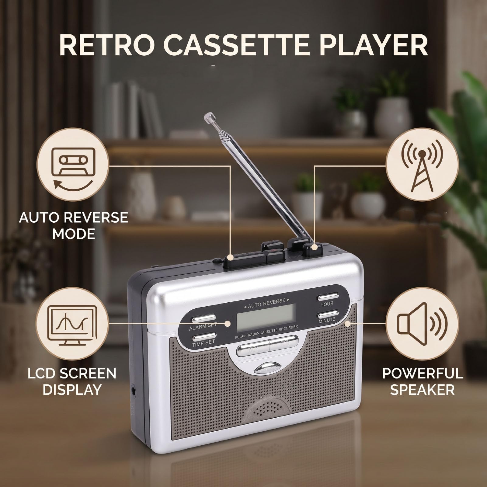 CCYLEZ Odtwarzacz Kaset Retro, Radio AM/FM z Wyświetlaczem LCD, Automatyczny Rewers i Gniazdo Słuchawkowe do Osobistego słuchania.
