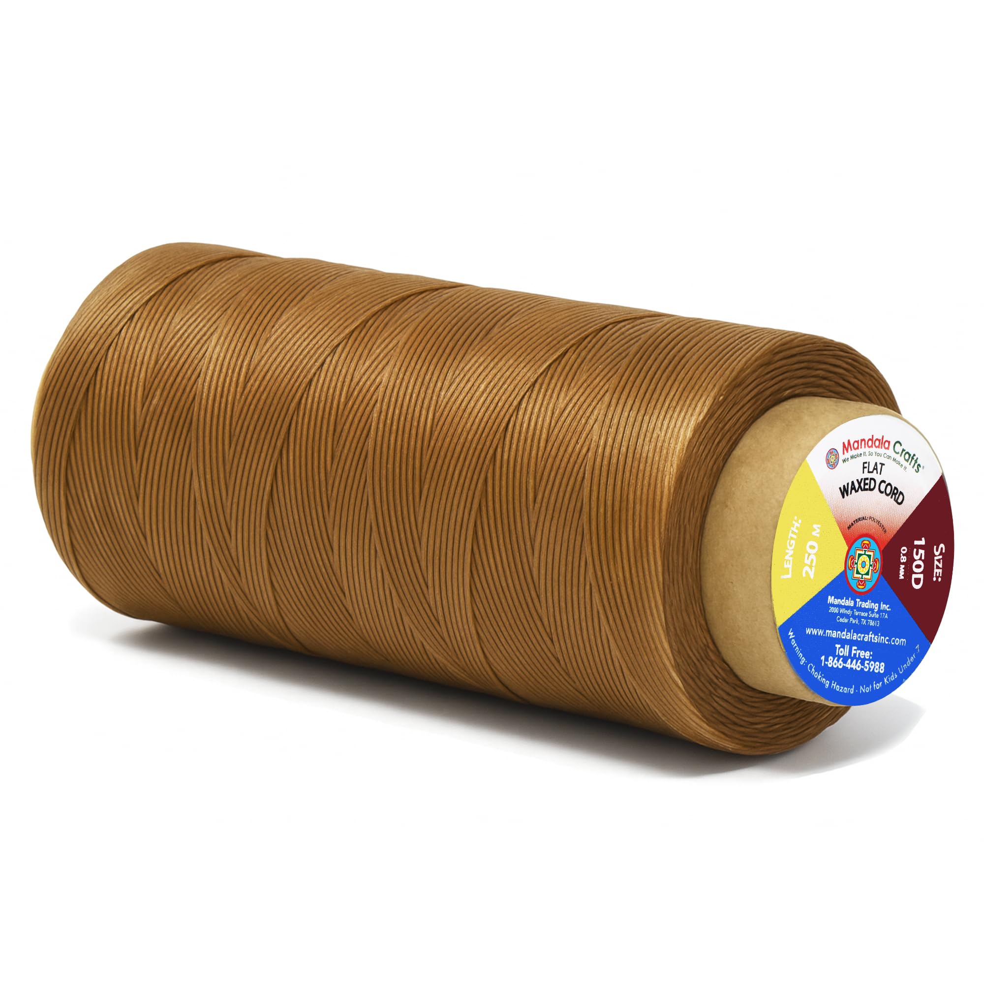 Mandala Crafts Tan Flat Waxed Thread For Leather Sewing - 273 Yds 150D 0.8Mm Polyester Leather Thread String Waxed Cord For Leatherwork, Beading, Bookbinding, Hand Stitching
