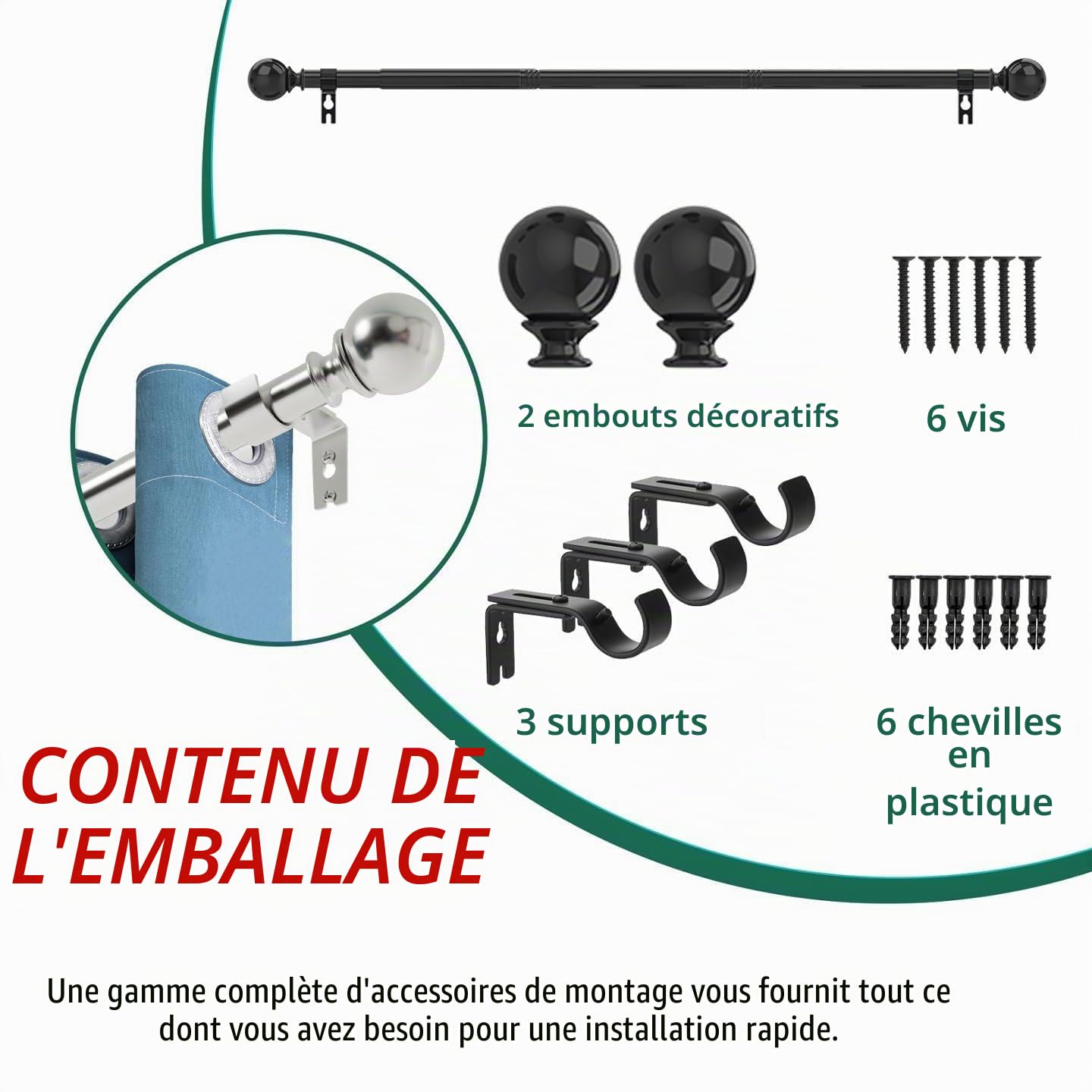 Tringle Rideau Noir Tringle à Rideaux Avec Embouts Décoratifs Et Supports Pour Fenêtre 25 Mm De Diamètre Pour Chambre à Coucher Salon Cuisine