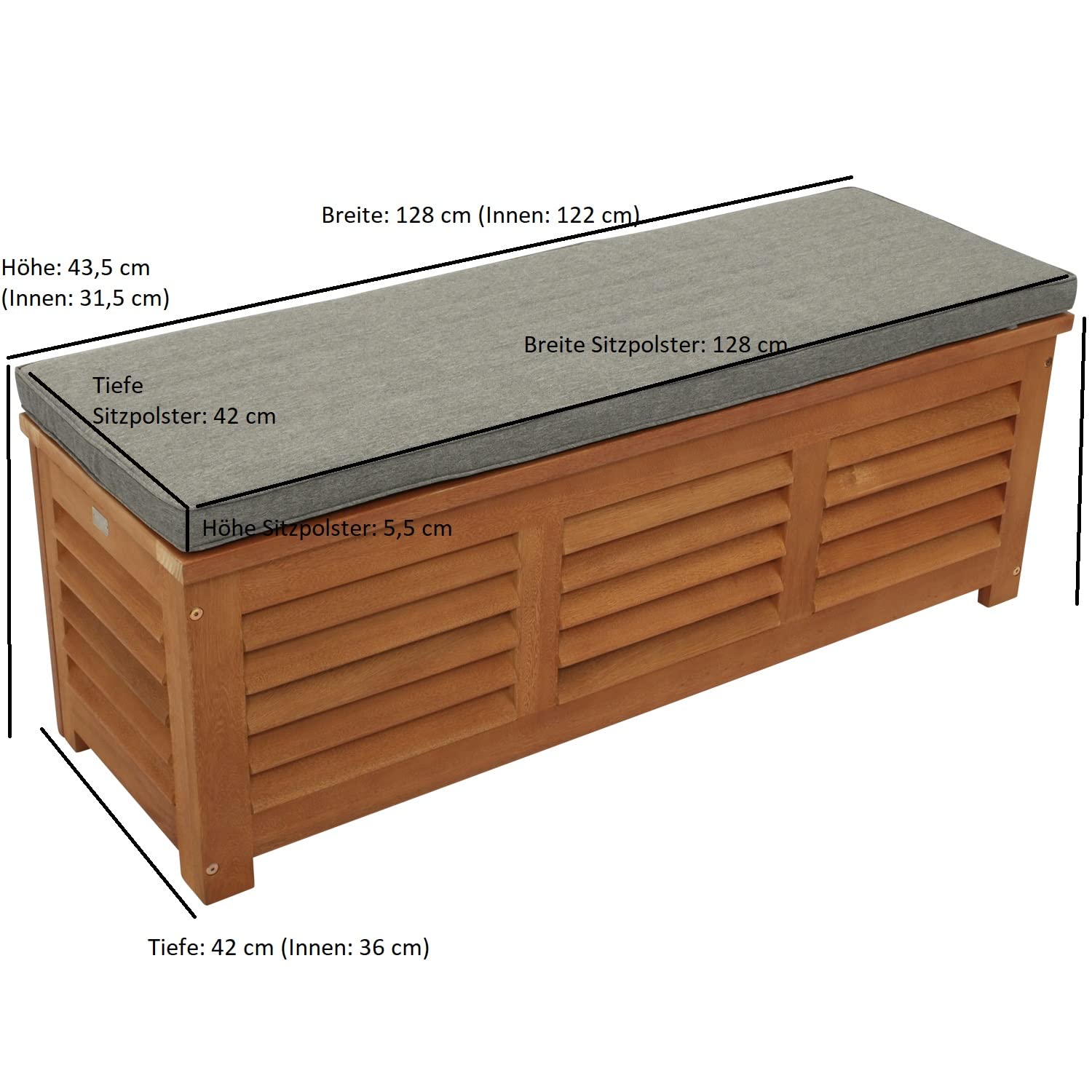 DEGAMO Kissenbox Kissentruhe mit Deckel 128 x 42 x 43,5 cm, Eukalyptus Holz braun geölt, mit Auflage grau, FSC®-Zertifiziert