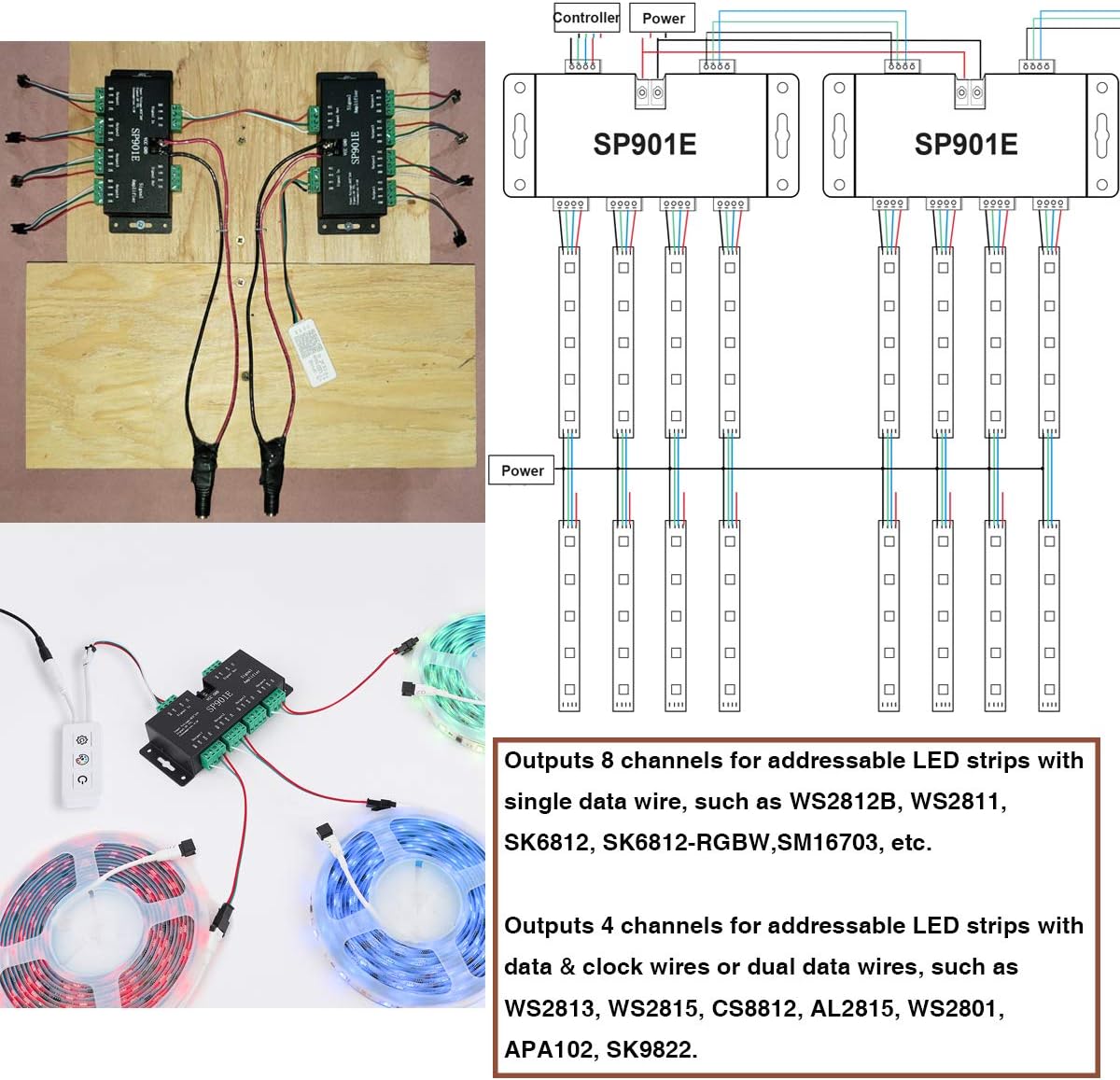 SUPERNIGHT LED Pixel Strip Amplifier Signal Data SPI Repeater for WS2801 WS2811 WS2812B WS2813 WS2815 SK6812 SK9822 Addressable RGB Light Strip Dream Color Programmable Rope Lighting 5v-24v SP901E