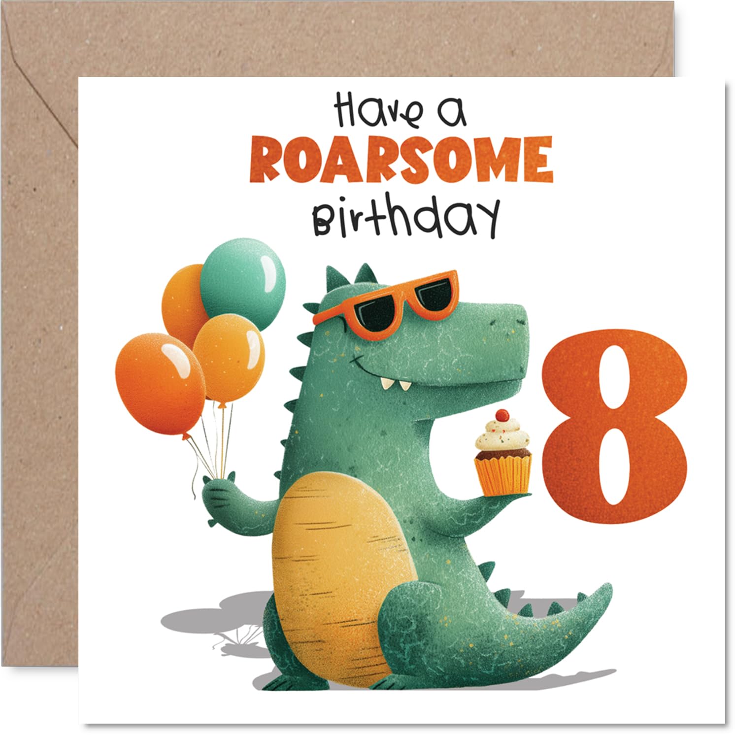 Playful 8th Birthday Card - Roarsome Birthday Fun - Cheery Cartoon Dinosaur with Balloons and Cupcake - Bright Colours for a Dino-mad Celebration - 145mm Square, Envelope Included