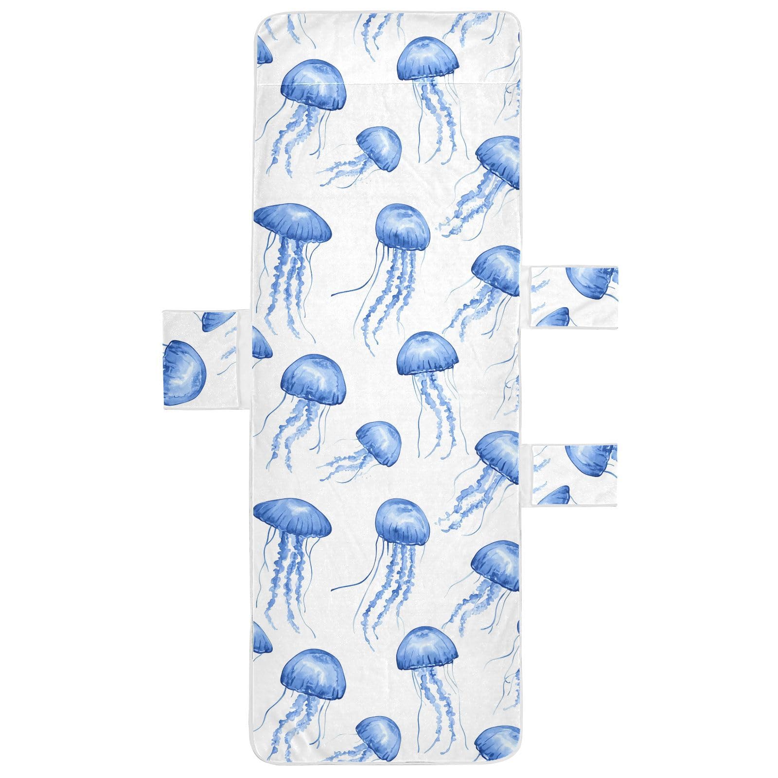 BOESI Watercolor Blue Jellyfish Beach Chair Towel, Outdoor Pool Chair Cover, with Pockets, Suitable for Outdoor Beach Garden Sunbathing, 85'' x 30''