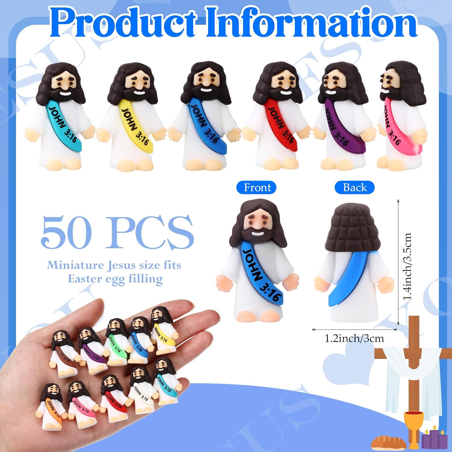 Bememo 50 Pcs Little Jesus Figures Original Design Rubber Mini Jesus Toys for Hide and Seek Religious Party Favors Easter Egg Stuffers Sunday School Craft Baptism Gifts(John 3:16)