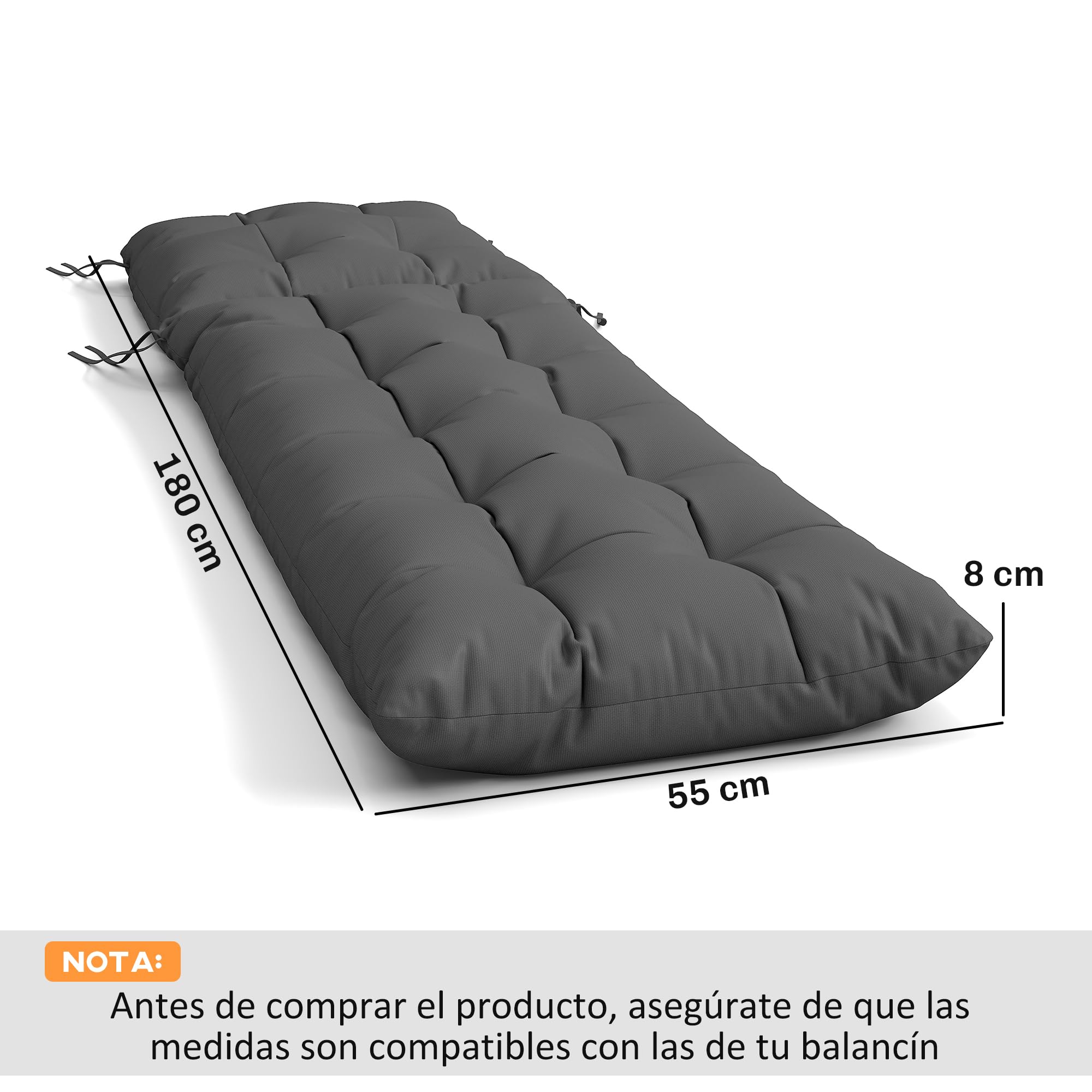Outsunny Juego de 2 Cojines para Tumbonas, 180x55 cm, Cojines para Tumbonas de Exterior Gruesas, UPF30+, Almohadillas de Repuesto para Tumbonas con 4 Cintas, Gris Oscuro — view 7