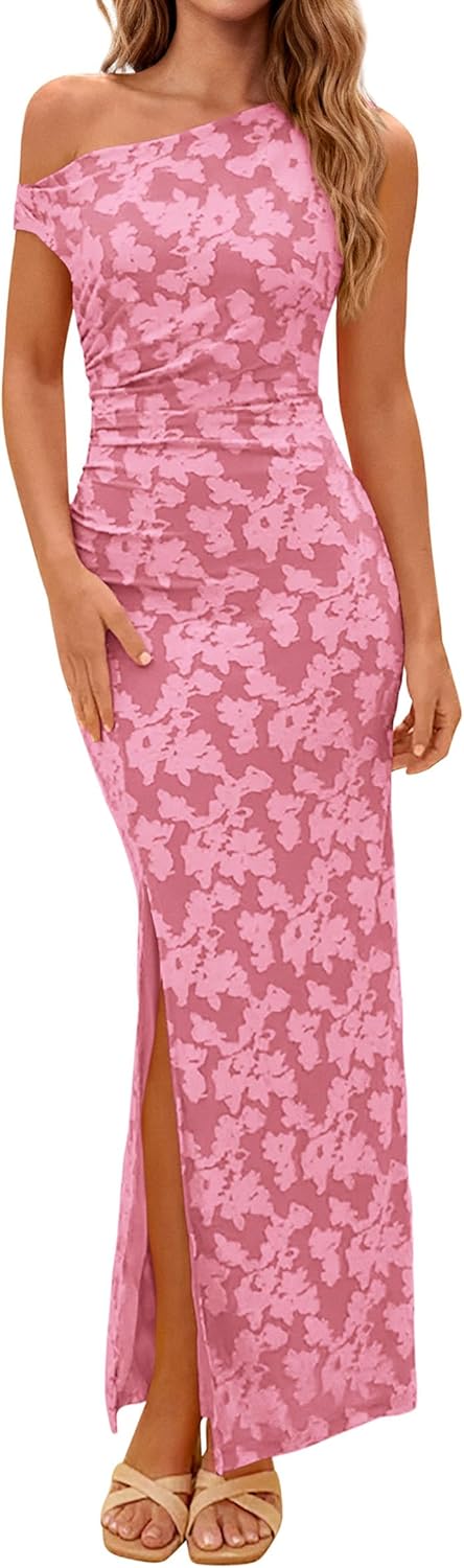 PRETTYGARDEN Womens Floral One Shoulder Maxi Dress 2026 Summer Spring Bodycon Ruched Side Slit Elegant Cocktail Party Dresses