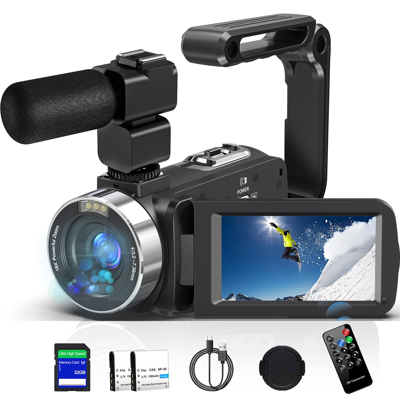 Camcorder Video Camera 4K 80MP Ultra HD Vlogging Camera for YouTube 18X Digital Zoom Recorder IR Night Version 3.0" IPS HD Screen With Handheld Stabilizer, Microphone, Remote Control and 32GB SD Card