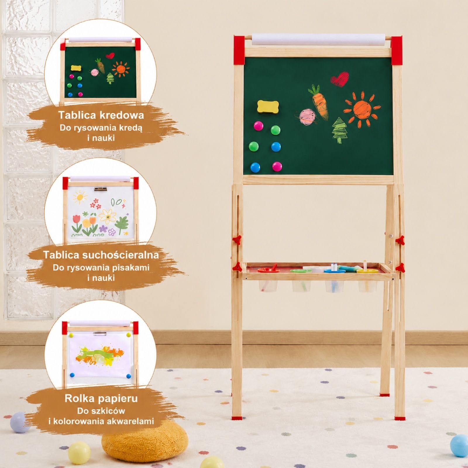 Sztaluga artystyczna 3 w 1 z magnetyczną tablicą suchościeralną, kredowym panelem i rolką papieru, dwustronna, regulowana, stojąca, sosna oraz plastik, naturalny kolor