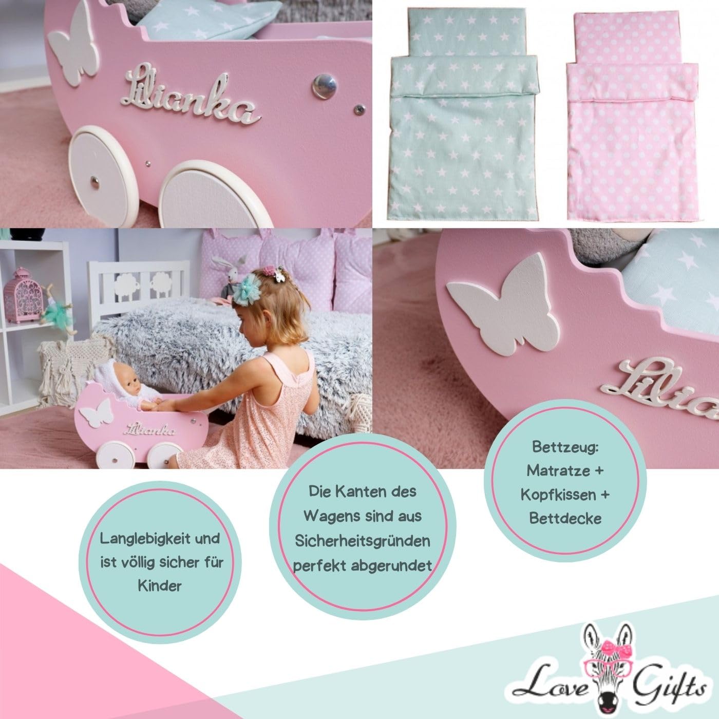 Love Gifts® Walker - Puppenwagen ab 1 Jahr | Lernlaufwagen für Kleinkinder | Lernlaufhilfe, Montessori-Spielzeug für Kleinkinder, Farbe Rosa