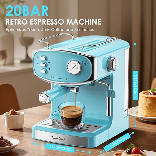 Miniatura 3 de Máquina de café expreso de 20 barras para el hogar, cafetera compacta profesional con espumador de leche, varita de vapor, manómetro y tanque de