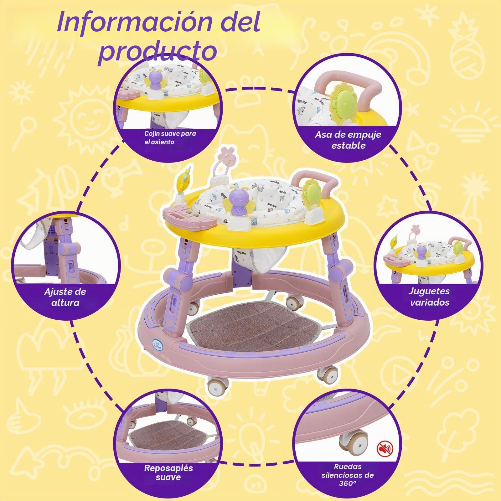 Andador Bebes 5 en 1,Tacata Bebe Plegable con Altura Música,Plegable Asiento Giratorio 360°,6 Ruedas Silenciosas,Apto Para Niños y Niñas a Partir de 6 Meses