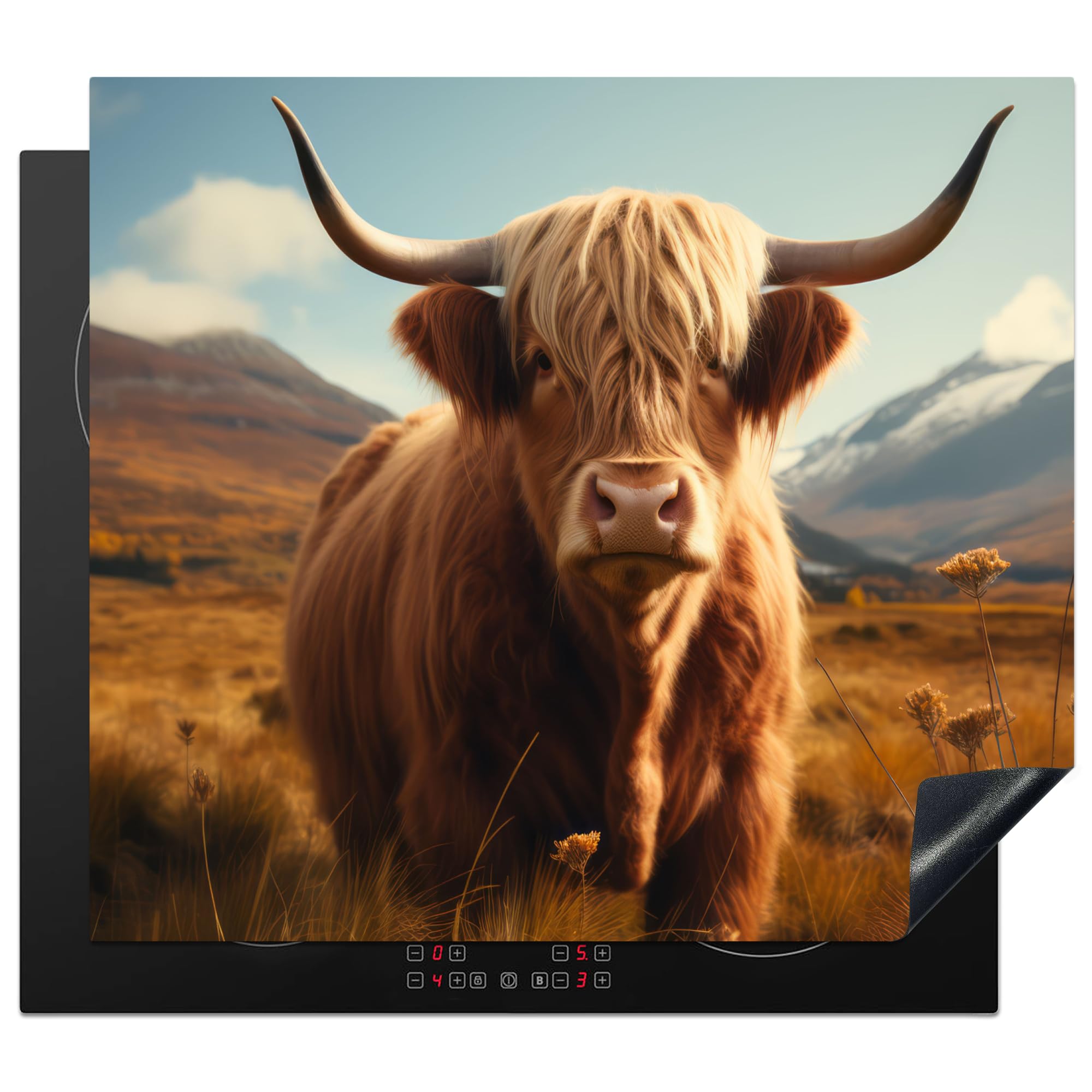 KitchenYeah© Herdabdeckplatte 60x52 cm Einteilig Ceranfeld Abdeckplatte für Induktionsschutz Ceranfeldabdeckung Vinyl Herdabdeckplatten Schottisches Hochlandrind - Berg - Wiese - Kuh