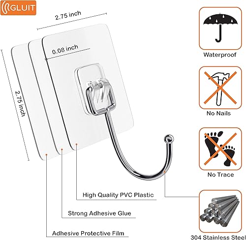 Miniatura 4 de GLUIT Kit de solución para colgar de alta resistencia, paquete de 6 ganchos grandes adhesivos (22 libras) y cinta de doble cara de 20 pies