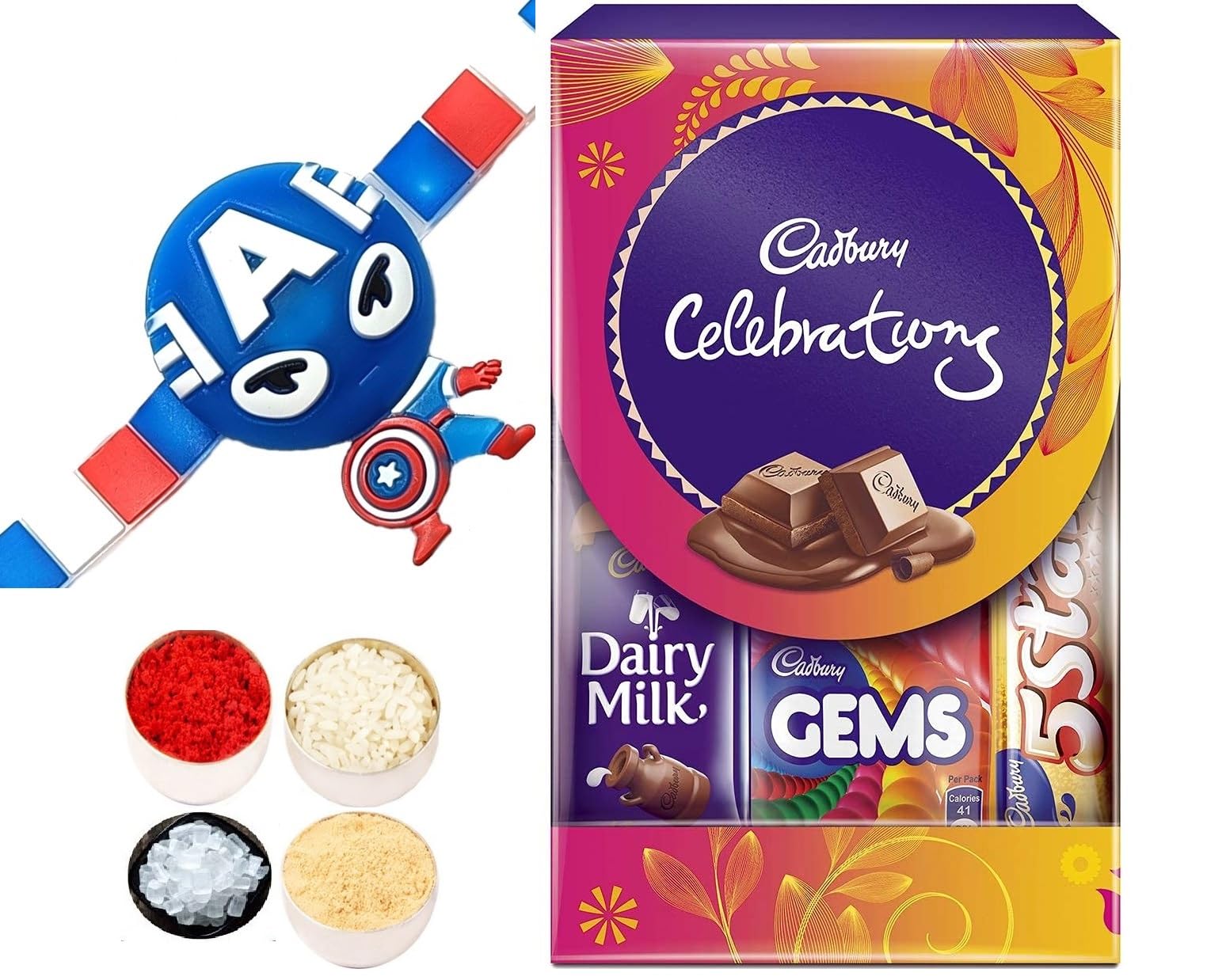 LED Light Captain America Rakhi for Kids, Celebrations Chocolate Gift Box & Roli Tikka Packet for Chota Brother Bhai Bhaiya