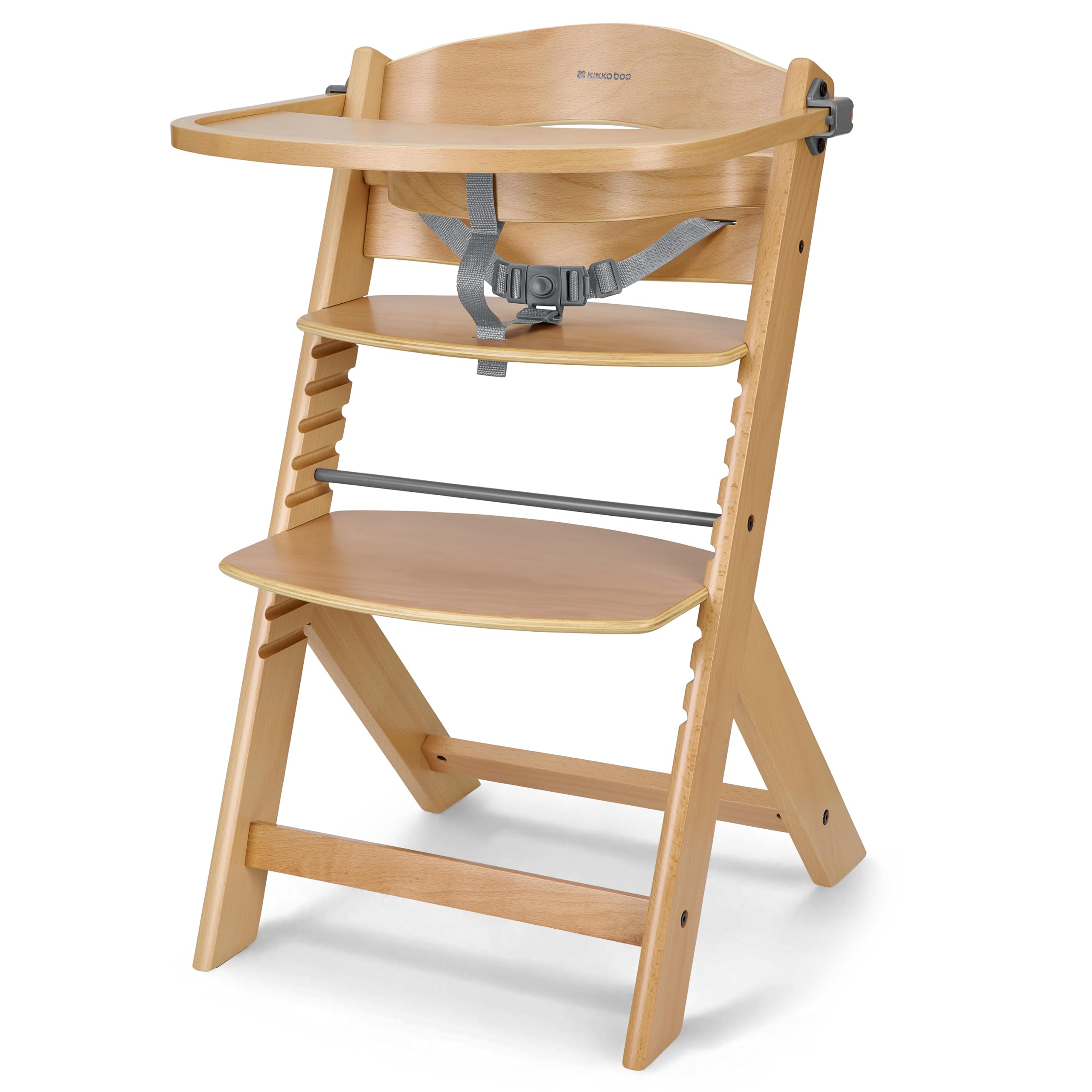 KikkaBoo Chaise Haute Bébé Évolutive en Bois NORDY, Bois de Hêtre, Réglable jusqu’à 35 kg, Plateau Amovible, Siège et Repose-Pieds Réglables, Harnais 3 Points, Bois