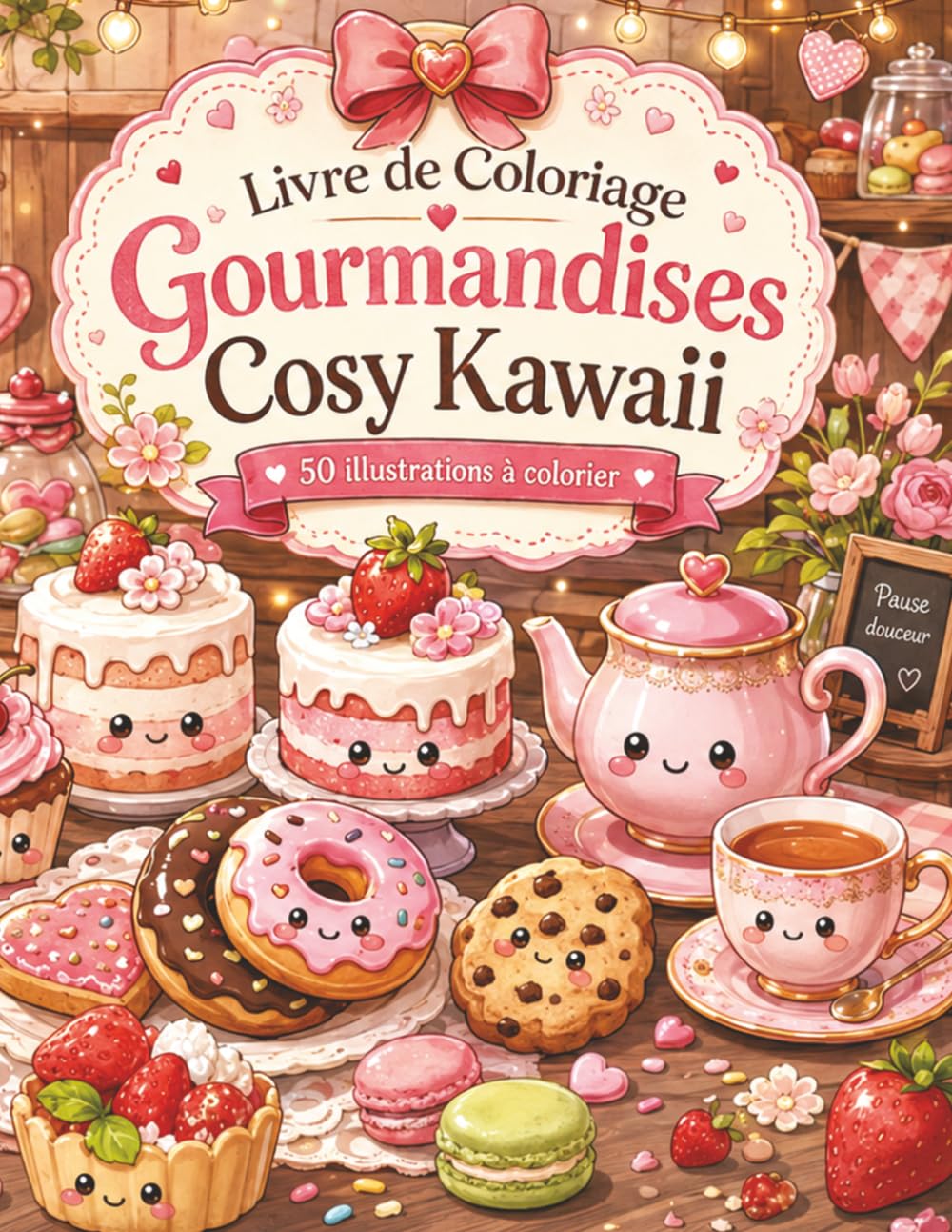 Livre de Coloriage Gourmandises Cosy Kawaii: 50 escapades gourmandes à colorier pour adultes et ados — marché aux fraises, charrette sucrée et goûters ensoleillés