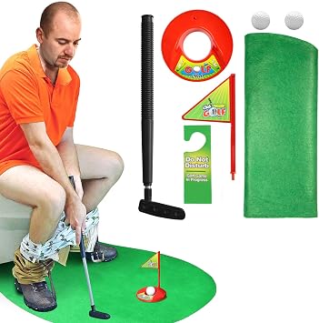 Novelty Place Toilet Golf Game Set - Practice Mini Golf in Any Restroom/Bathroom - Fathers Day, White Elephant, Christmas, Valentines Funny Gag Gifts
