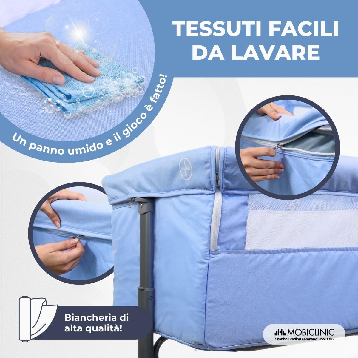 Mobiclinic®, Culla Neonato, Culla Co-Sleeping, 2 in 1, Sistema di Fissaggio del Letto, Regolabile 5 altezze, Borsa trasporto, Ruote, Rete traspirante, Base imbottita, Moon
