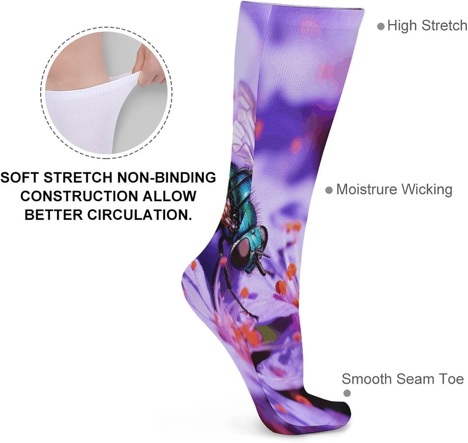 Blue Fly on Flower Crew Socks Soft Thermal Socks | Socks for Men Women-Casual Wicking,High Stocking for Sports Running-Long Thin Tube Sports Breathable