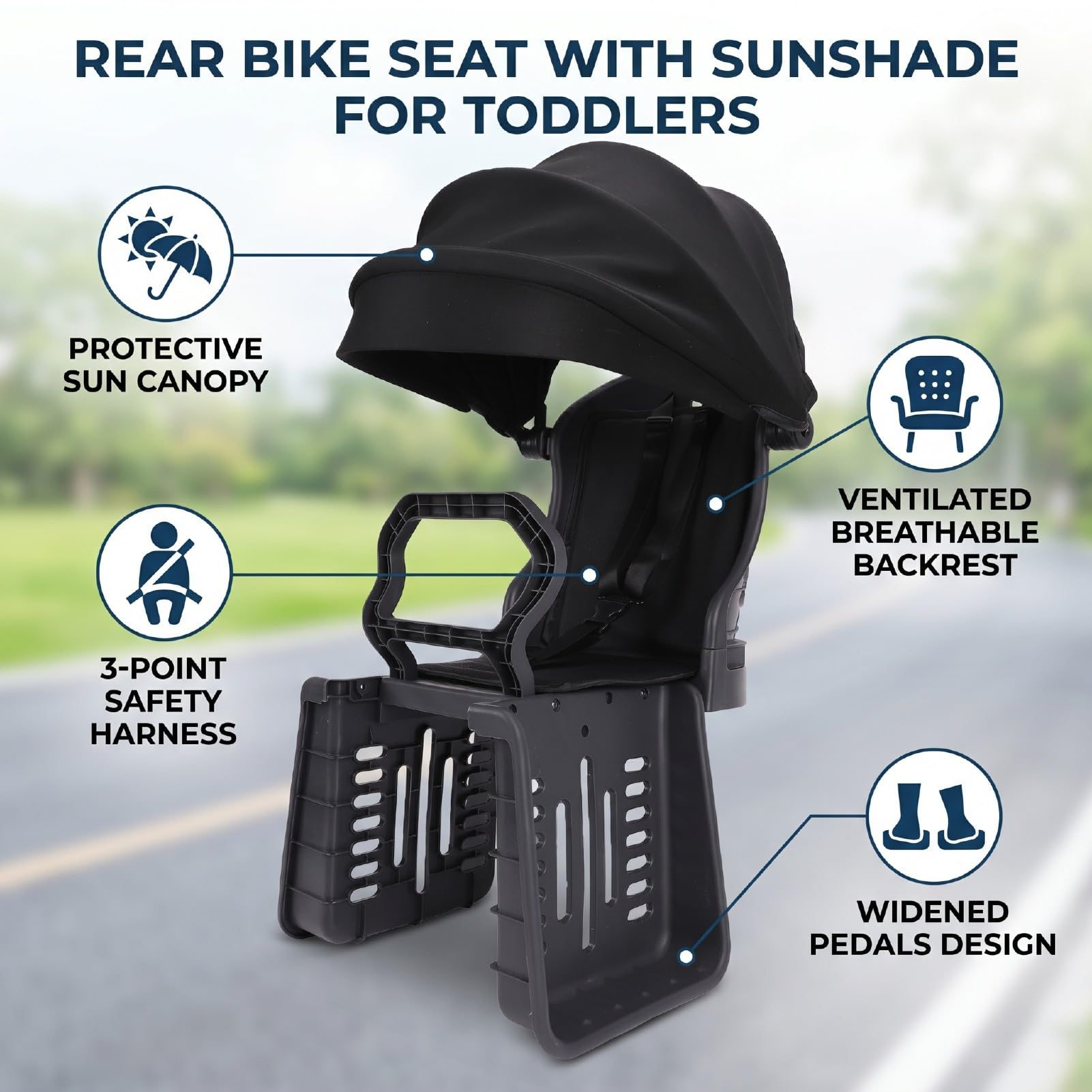 Luocute Fahrradrücksitz mit Sonnenschutz, 3-Punkt-Sicherheitsgurt | Kleinkind-Fahrradsitz, für im Alter von 1–4 Jahren, atmungsaktive Rückenlehne, Sonnendach, Fahrrad-Kindersitz