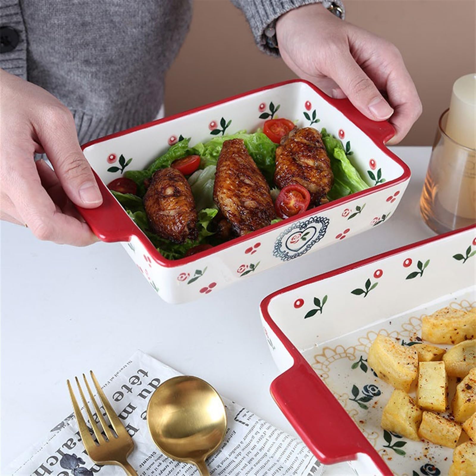 Naczynie do pieczenia 1 sztuka ceramiczny ręcznie malowany talerz na warzywa zupy sałatkowy pieczenie prostokątna z podwójnymi uszami blacha do pieczenia tysiącem warstw Zapiekanka(550ml)