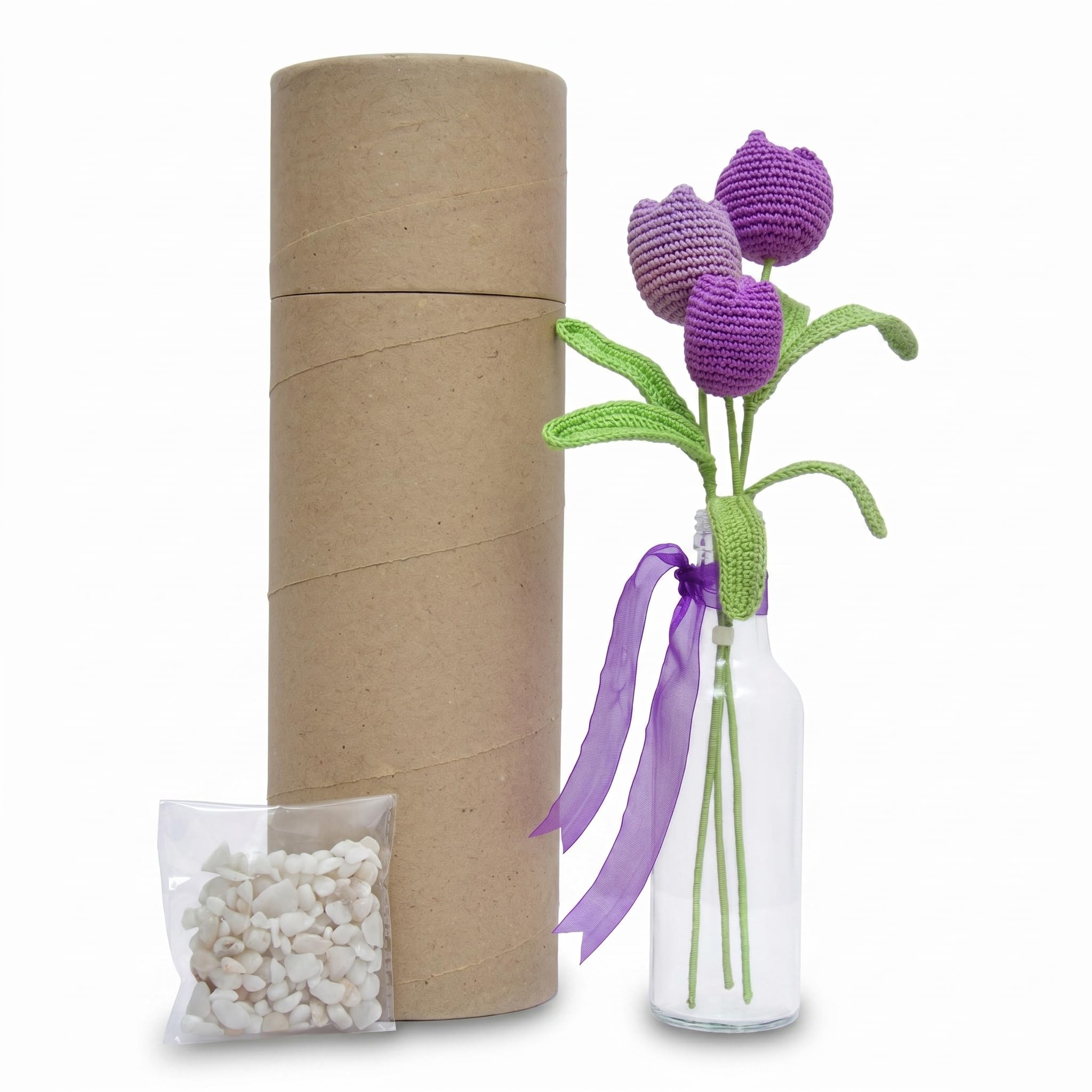 Happy Threads Crochet Flowers with Vase & White Gravel Stones - Handmade Purple Tulip Flower Bouquet Gift Set with Ribbon Bottle & Gift Packaging for Home, Desk, Bedroom & Special Occasions-image-32