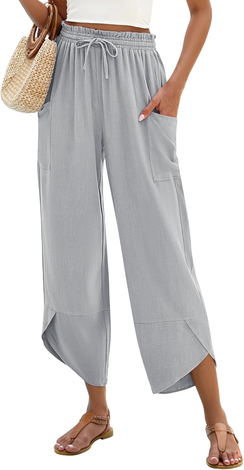 LOMON Women Linen Palazzo Pants Boho Wide Leg Elastic Waisted Casual Capri Pant Summer Harem Lounge with Pockets