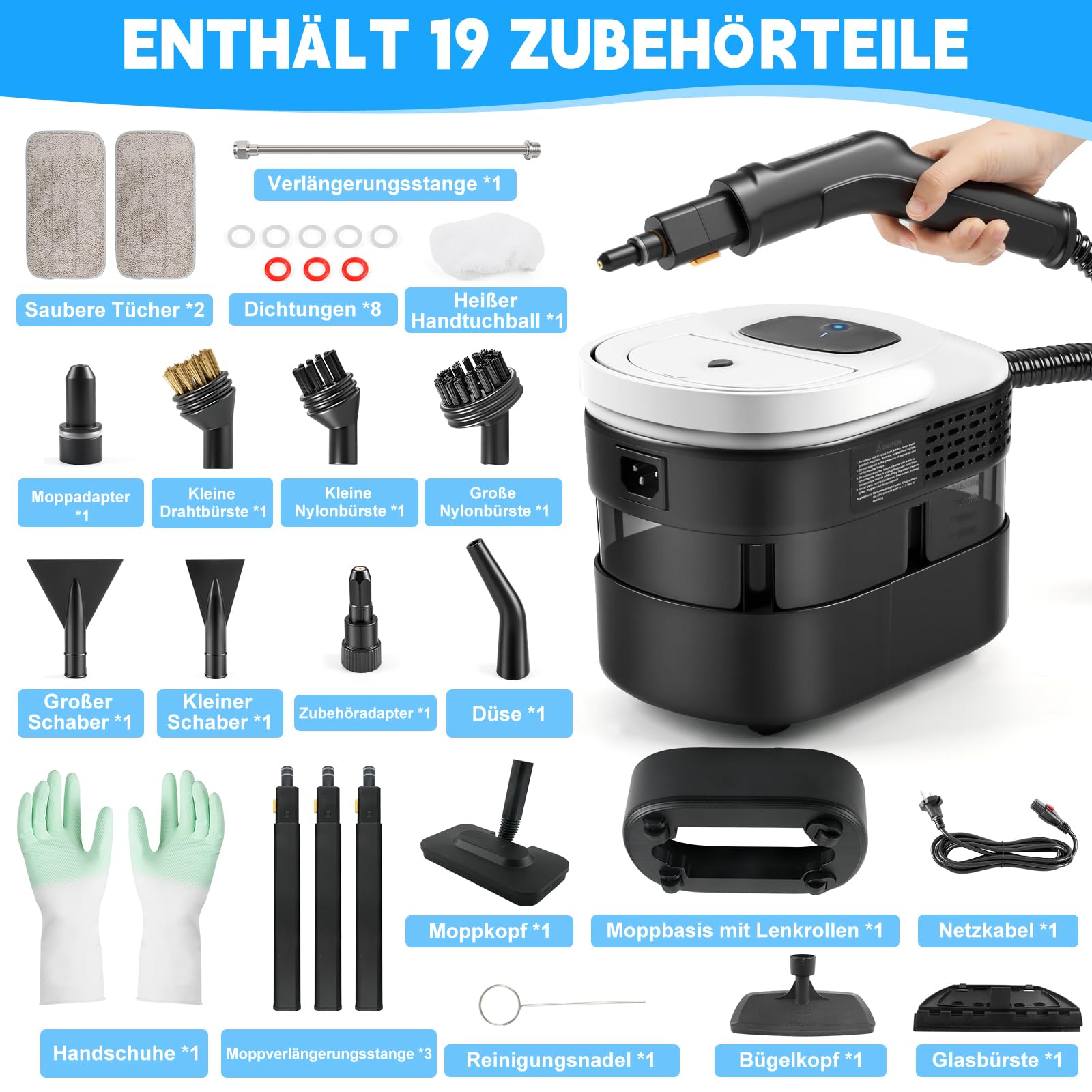 Limpiador de vapor manual, 2500 W, limpiador de vapor para todo con 15 accesorios, presión de vapor de 4,5 bar, depósito de 1600 ml, portátil para ventanas, cocina, suelo, coche