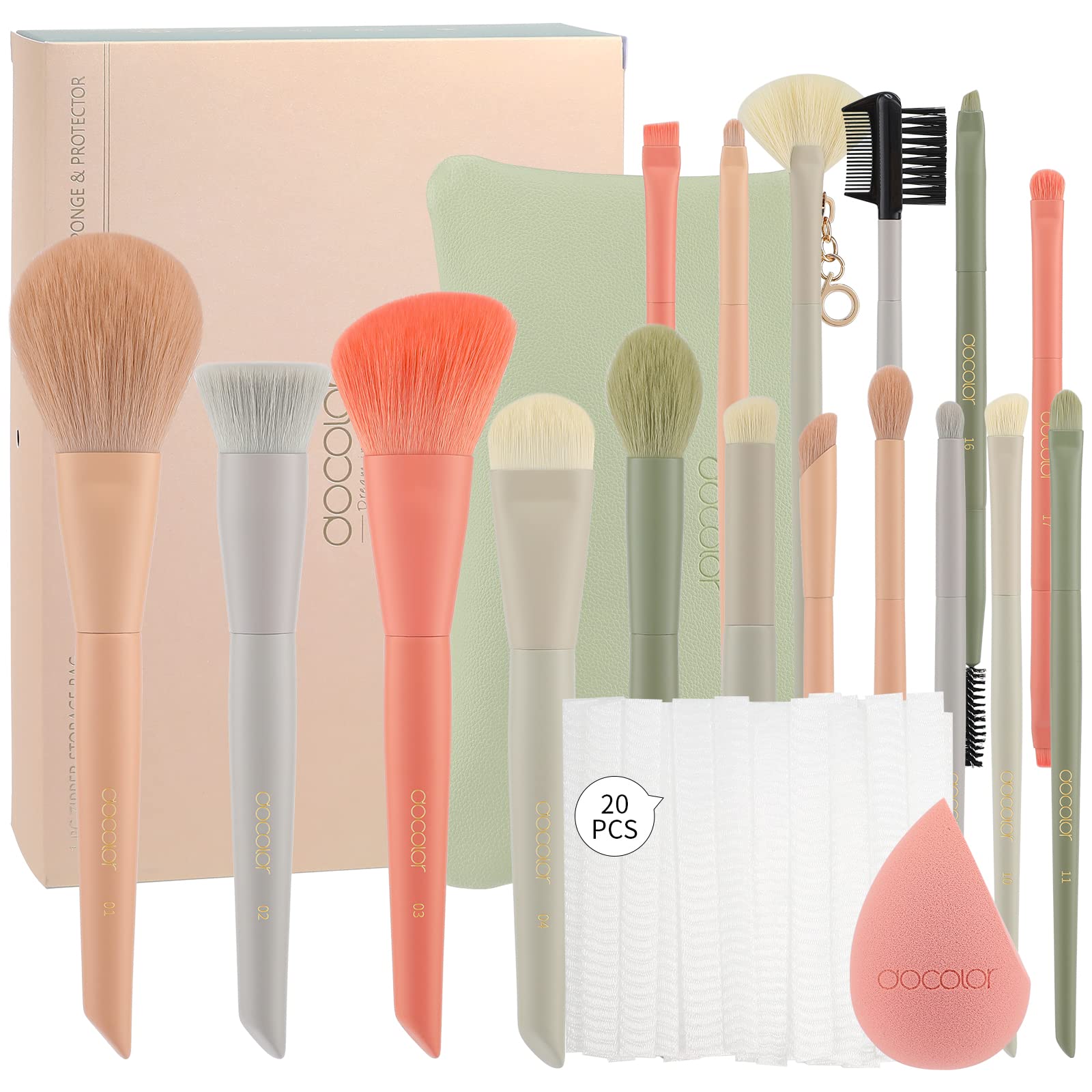 Docolor Juego de 17 pinceles de maquillaje con bolsa de maquillaje y esponja de maquillaje