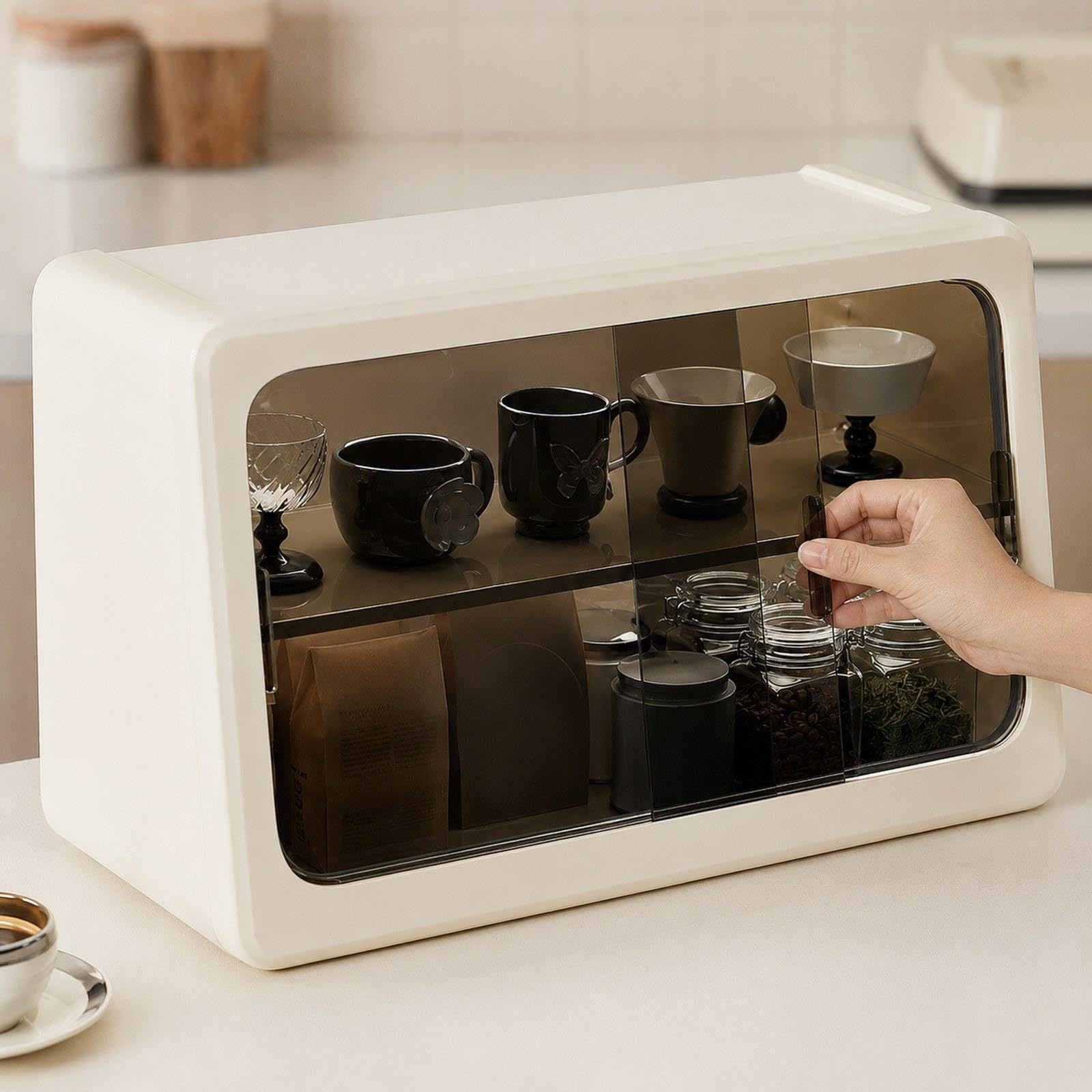 Desktop Aufbewahrungsregal mit Schiebetür Als Gewürzkorb Tassenablage Ablage für Kaffeezubehör Teeregal Mehrzweckregal für Büro Heimdekoration Und Arb, Weiß