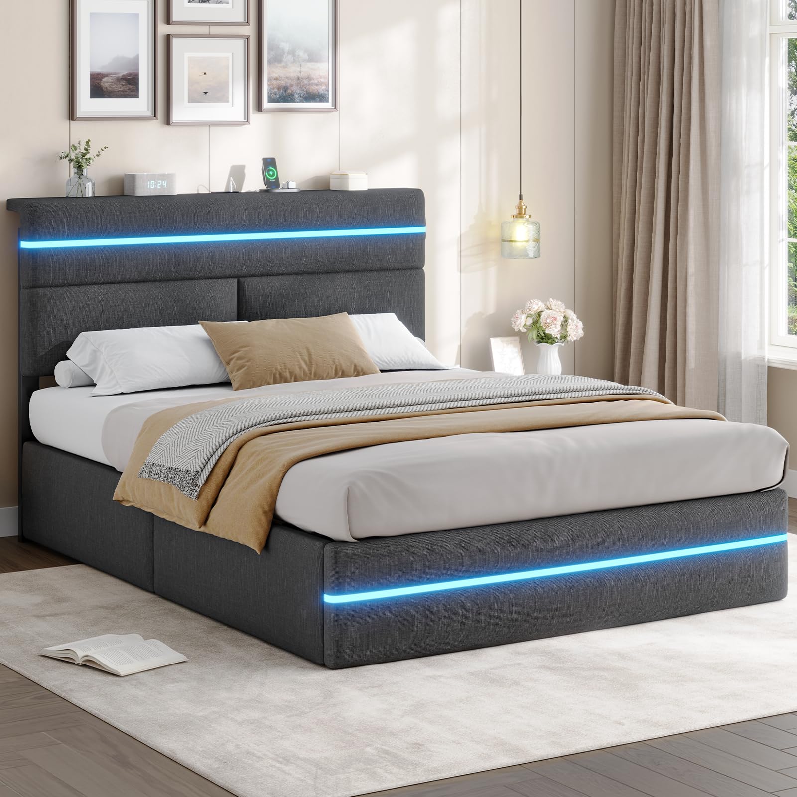 AOGLLATI Cama Matrimonio 140x190 con Almacenamiento Hidráulico, Cama Tapizada con LED y Estación de Carga, Estructura Cama con Cabecero Tapizado, Cama Doble con Canapé de Gran Capacidad, Gris Oscuro