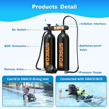 SMACO S700 Max Dual 1.9L Mini Scuba Tank Reusable Diving Kit | Dual 1.9L Aluminum Pony Bottles, 3.8L Total Air Capacity, Ideal for Recreational Diving, Underwater Work & Exploration