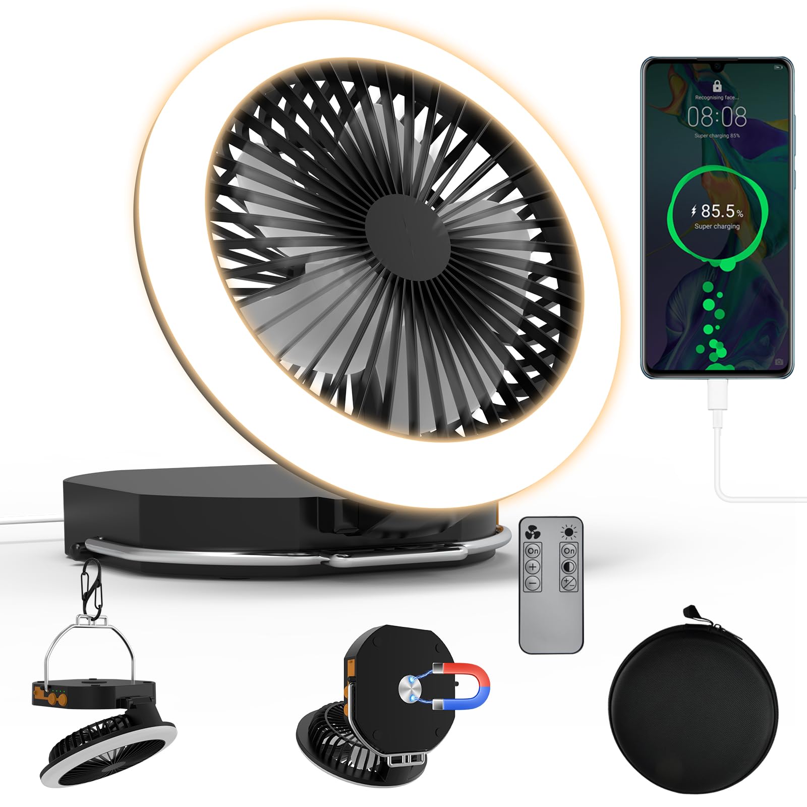 AODOO Rechargeable 12000mAh Camping Light With Fan, Silent Max 24 Hours Endurance, 2000LM 3 Lights Modes 2700K/4000K/6500K, For Outdoor Tent Light Camping