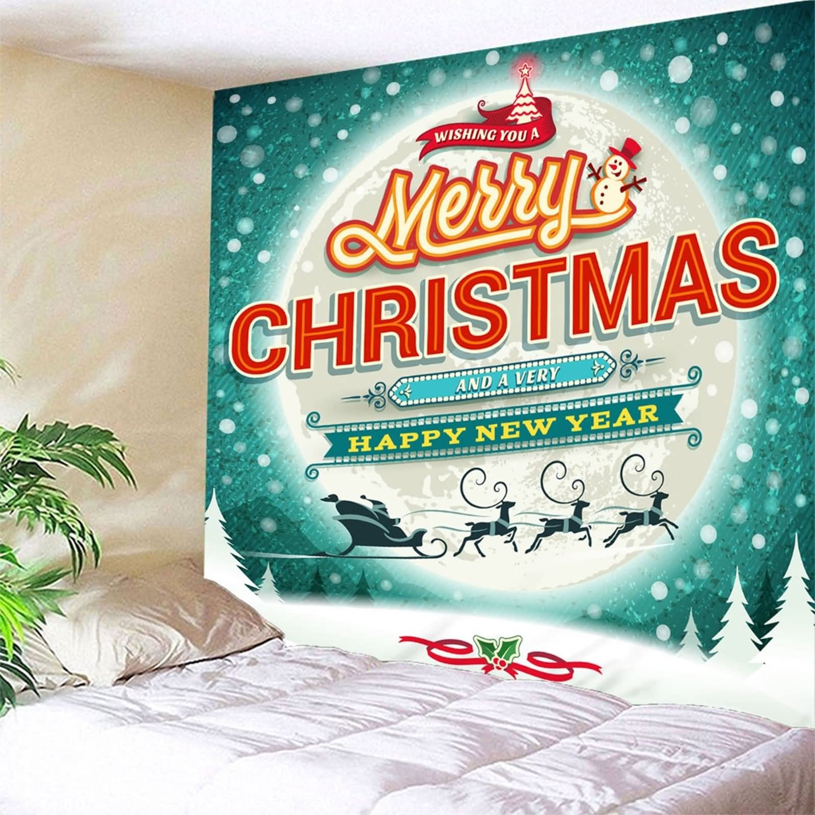 Tapisserie Fenster, Wandbehang Frohe Weihnachten Weihnachtsmann und Elch Weiß und Grün Polyester 350X256cm