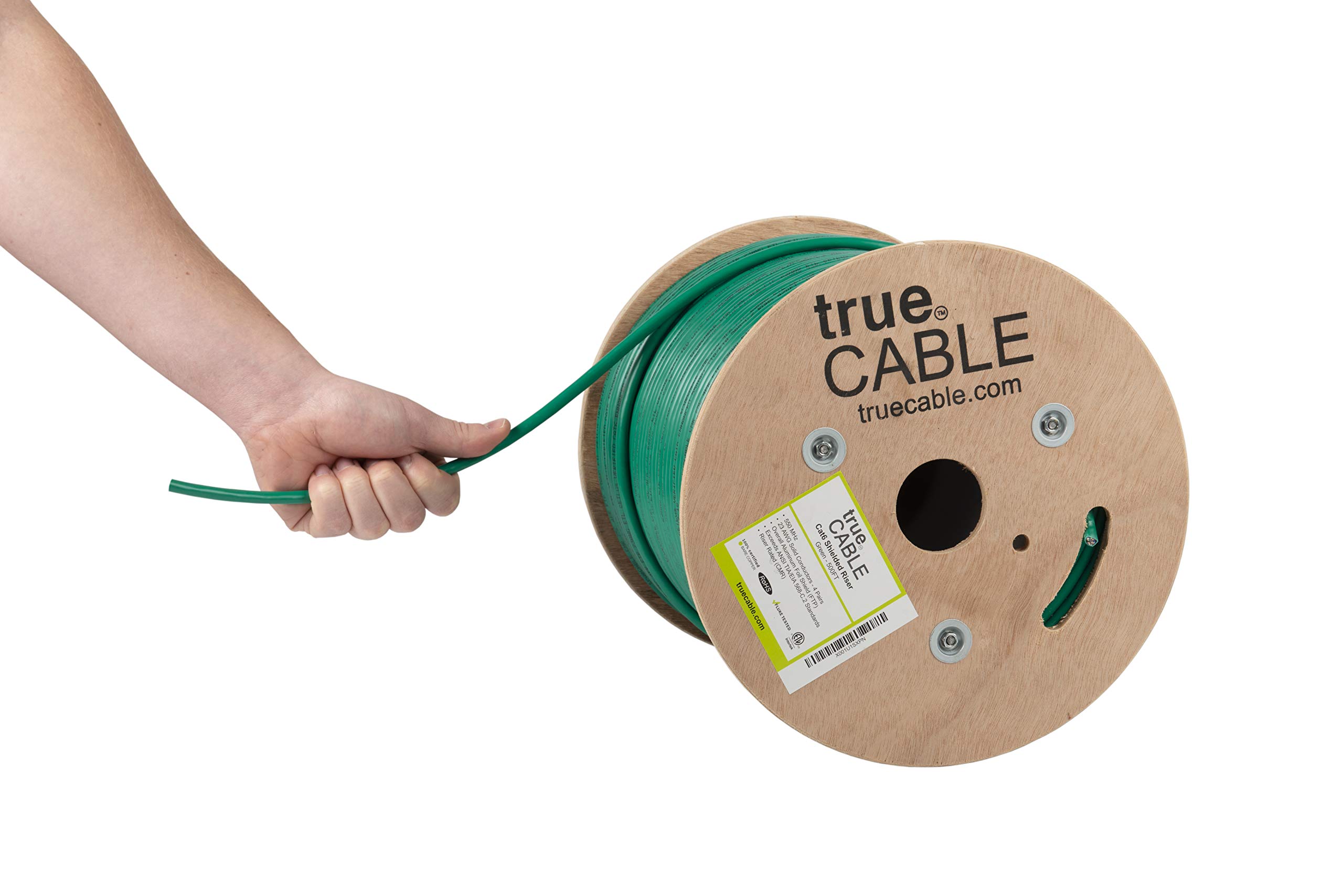 TRUE CABLE Cat6 Shielded Riser (CMR) Bulk Ethernet Cable, 500ft, Green, 23AWG Solid Bare Copper, 550MHz, Overall Aluminum Foil Shield (F/UTP), PoE++