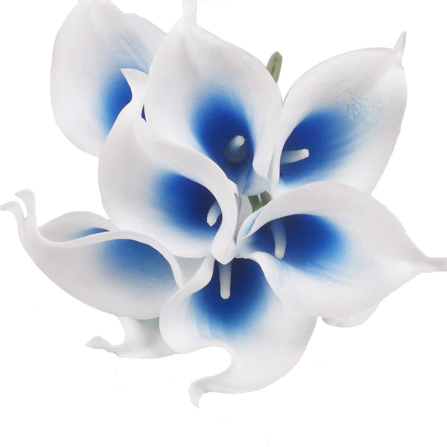 Calcifer Blue,White Calcifer®Real Touch Calla Lily Bridal Latex Wedding Bouquet Flower Bouquets (White&Blue Heart, 20 Pcs)