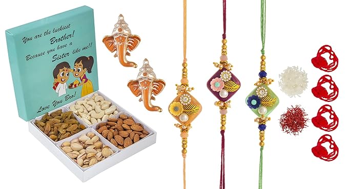 Feastive Celebrations a set of 3 Floral Stone Rakhis with Natkhat Premium Dry fruits Pack, a pair of Ganesha Soan, Pooja Rakhi, Kesar(branded) and Chawal | Surprise Gift Inside