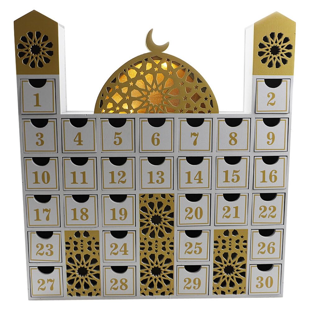 Ramadan Wooden Advent Calendar with LED Light 30 Storage Drawers Ramadan Countdown Calendar for Holiday Decoration Type 1