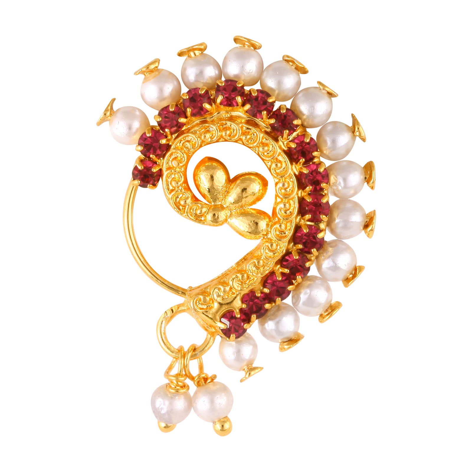 Vighnaharta Gold Plated with Pearl CZ and Artificial stone Non Piercing Maharashtrian Nath Nathiya./ Nose Pin valentine day gift valentineday gift for her gift for him gift for women gift for women {VFJ1186NTH-Press-Red}-image-40