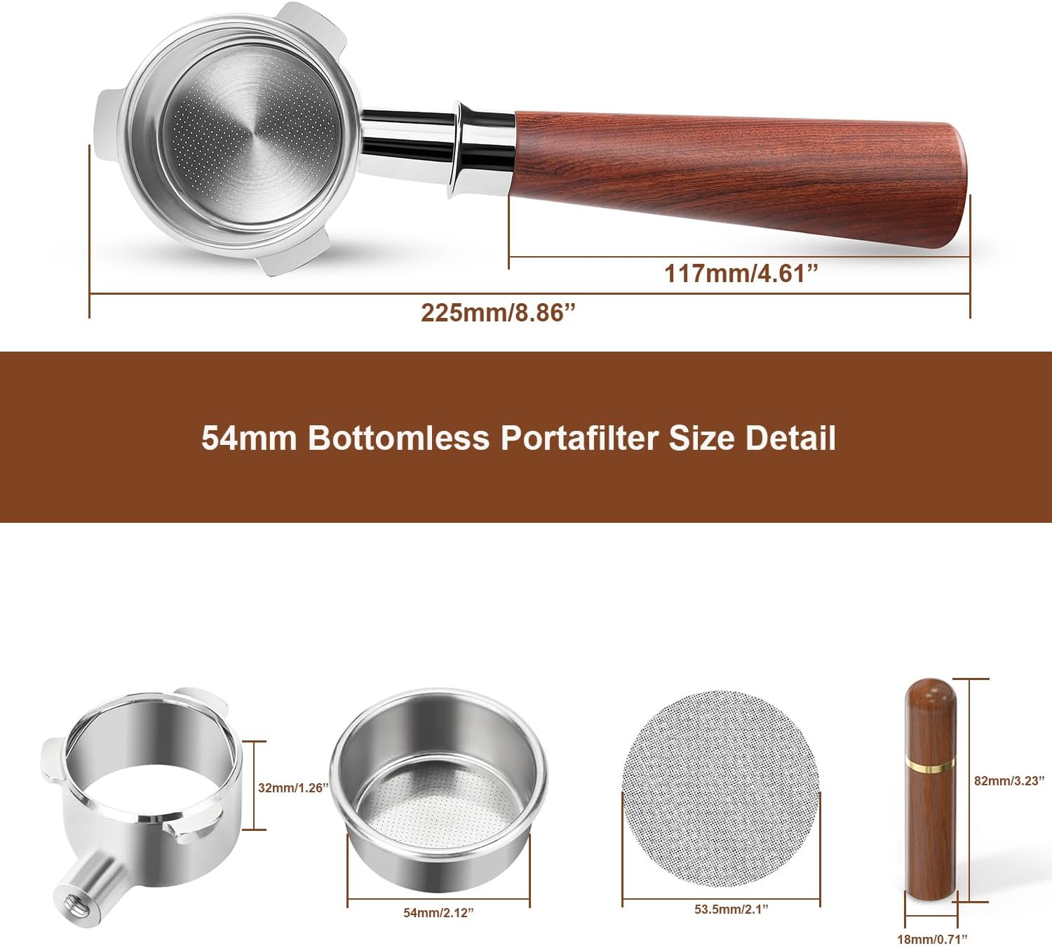 54mm Bottomless Portafilter with Puck Screen & WDT Tool – Compatible with Breville Barista Express/Pro/Touch, Bambino Plus, Infuser, Duo-Temp Pro, Filter Basket Included and Rosewood Handle