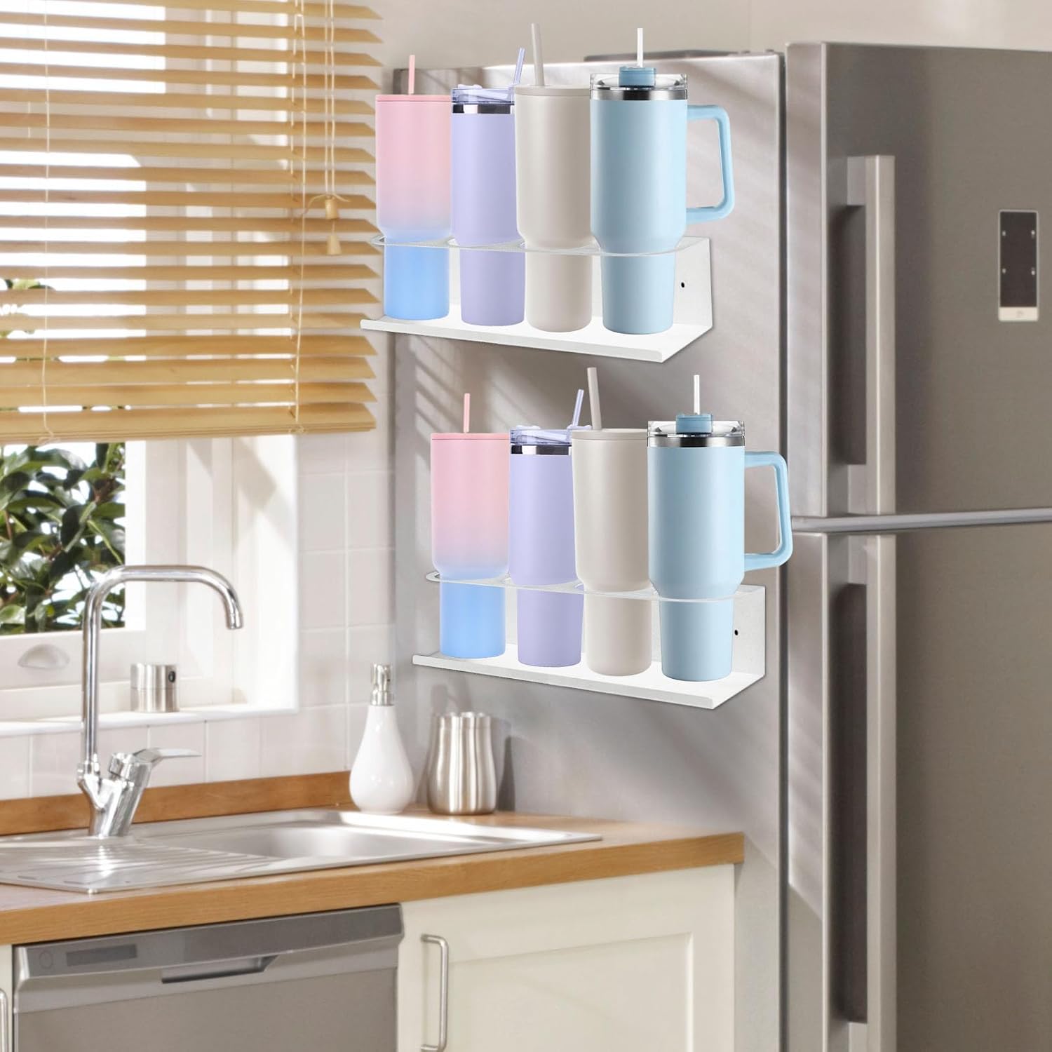 2 Pack Magnetic & Wall Mount Stanley Cup Organizer for Refrigerator, White Water Bottle Organizer for Stanley 30/40 oz, Tumbler Holder Organizer for Kitchen Cabinet Fridge, Easy to Install