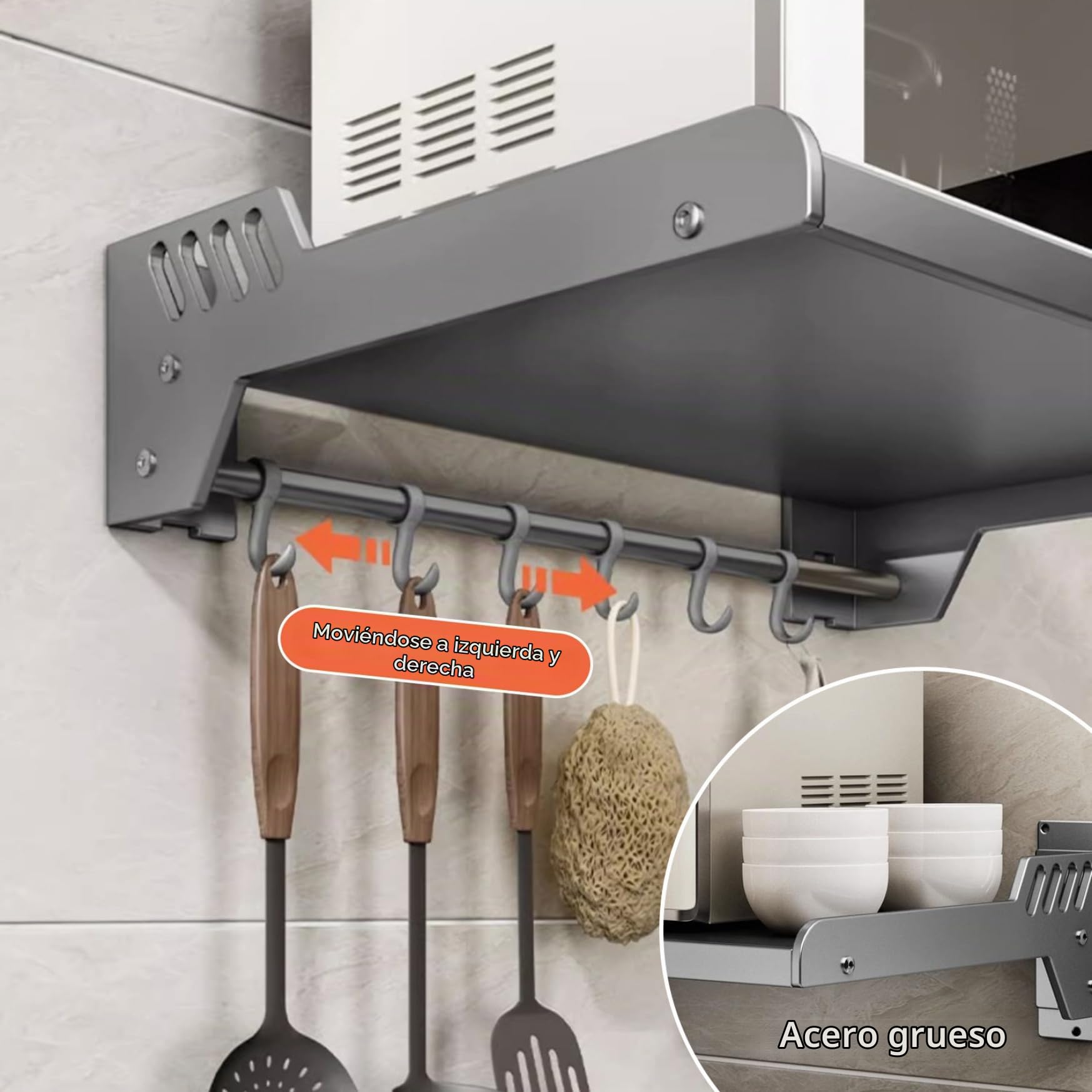 Montaje de pared de 14x20 pulgadas de microondas, estante de acero de carbono de carga de 110 libras con 6 ganchos para organizador de cocina, perforación/adhesivo instalar negro, soporte de pared