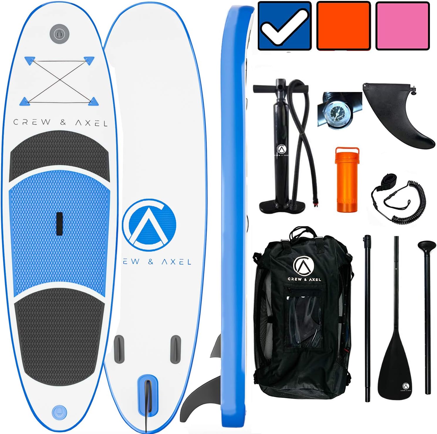 Crew Axel Inflatable Paddle Board 10’33’6” Extra Wide & Lightweight (18lb) Paddle Board – Premium SUP Set Includes 2 Bags, Floating Paddle, Camera Mount, 3 Fins, Dual Pump Kit