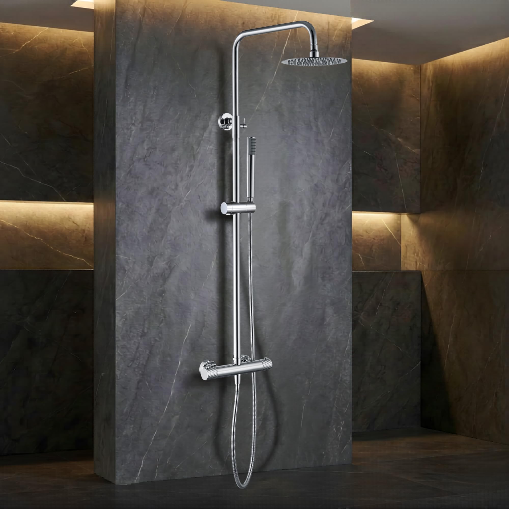 IMEX - Columna Ducha Termostatica con Grifo | Conjunto de Ducha con Alcachofa y Rociador Antical Efecto Lluvia | Griferia en Latón y Acero Inox S.304 con Barra Extensible | Serie Bless | Color Cromado