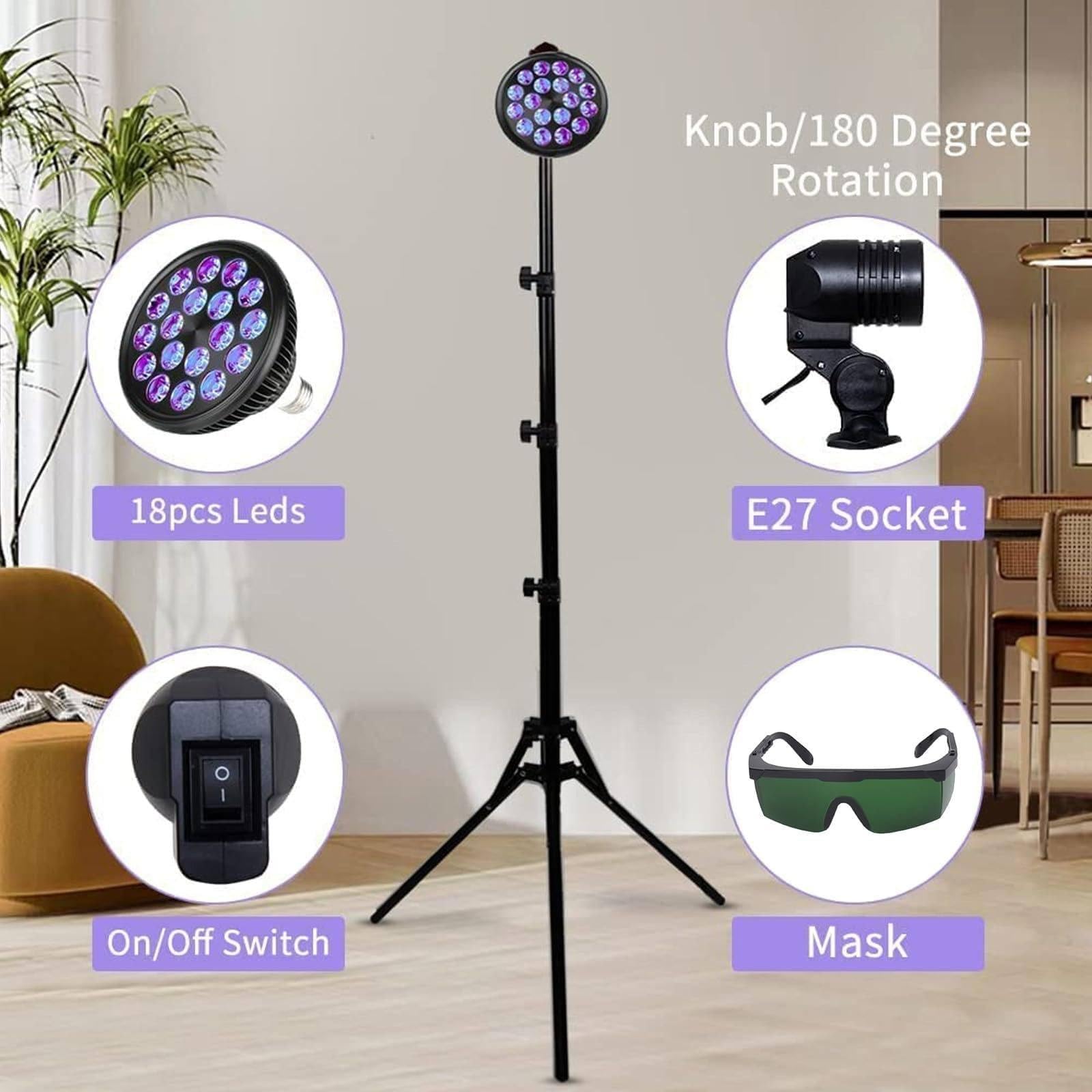 Lámpara de Sol púrpura UV de 54W, 18 Bombillas LED, Soporte Plegable, Altura Ajustable, Antifaz Incluido, Dispositivo de Bronceado Corporal y Facial